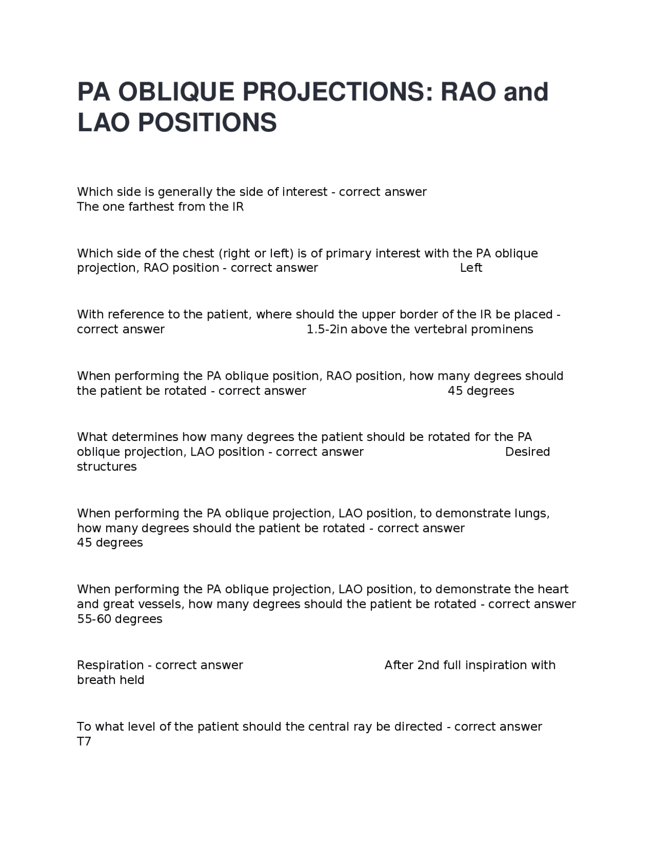 PA OBLIQUE PROJECTIONS TEST QUESTIONS ANSWERED CORRECTLY. | Exams ...