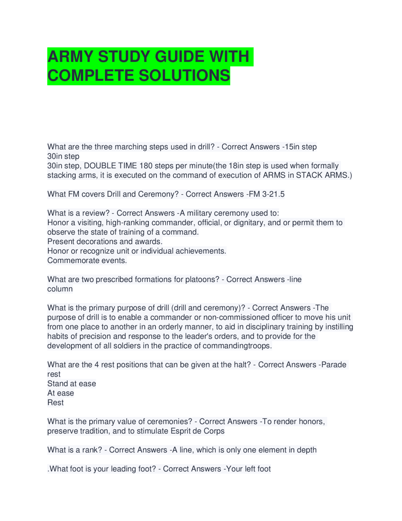 ARMY STUDY GUIDE WITH COMPLETE SOLUTIONS | Exams Advanced Education ...