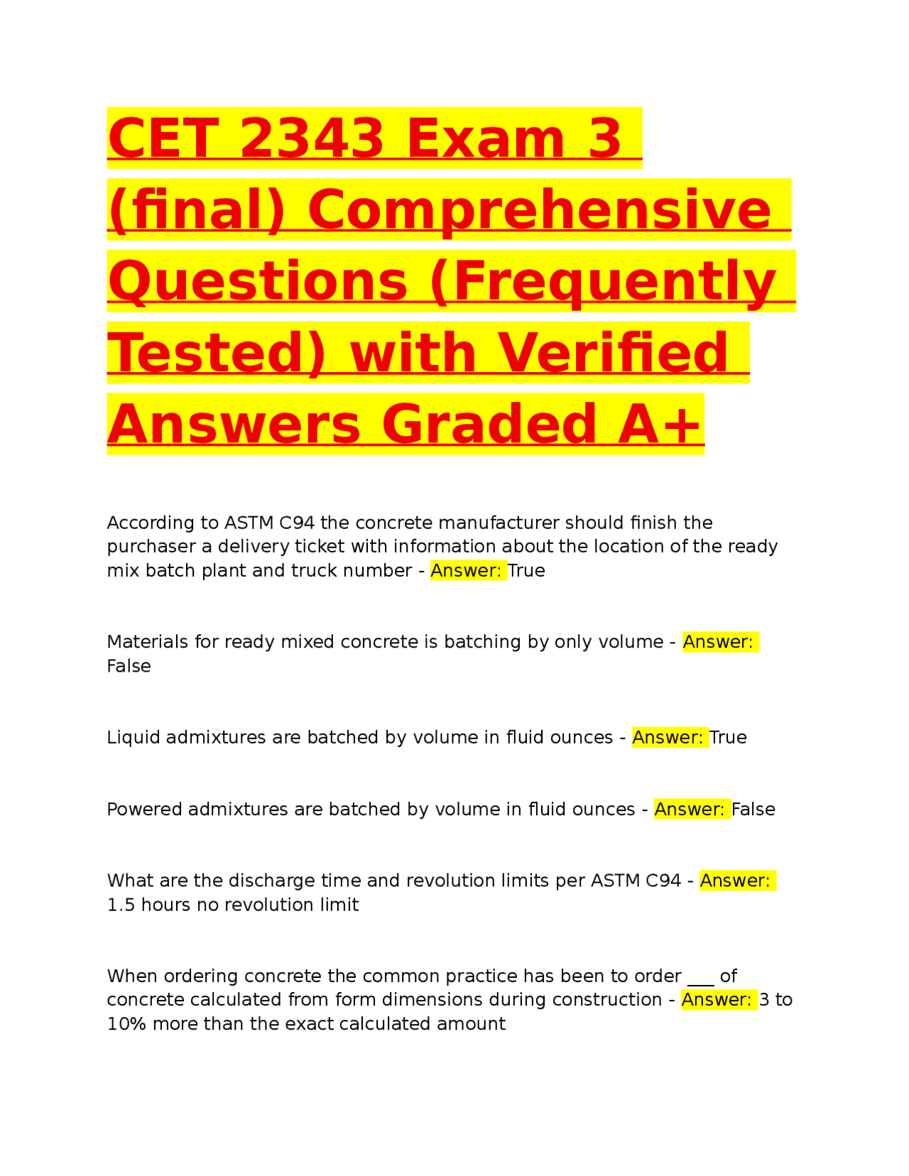 CET Exam (final) Comprehensive Questions (Frequently Tested) with ...