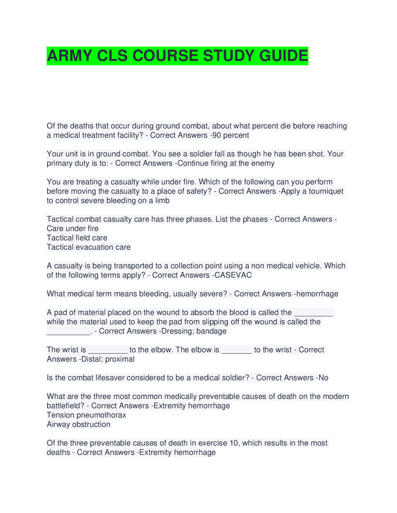 ARMY CLS COURSE STUDY GUIDE WITH COMPLETE SOLUTIONS | GRADED A | Exams ...