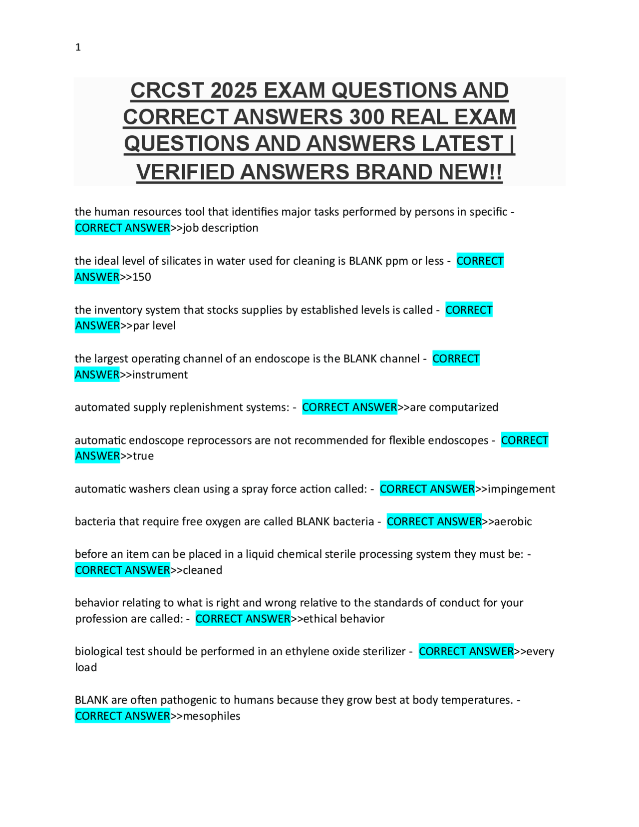 CRCST EXAM QUESTIONS AND CORRECT ANSWERS REAL EXAM QUESTIONS AND ...
