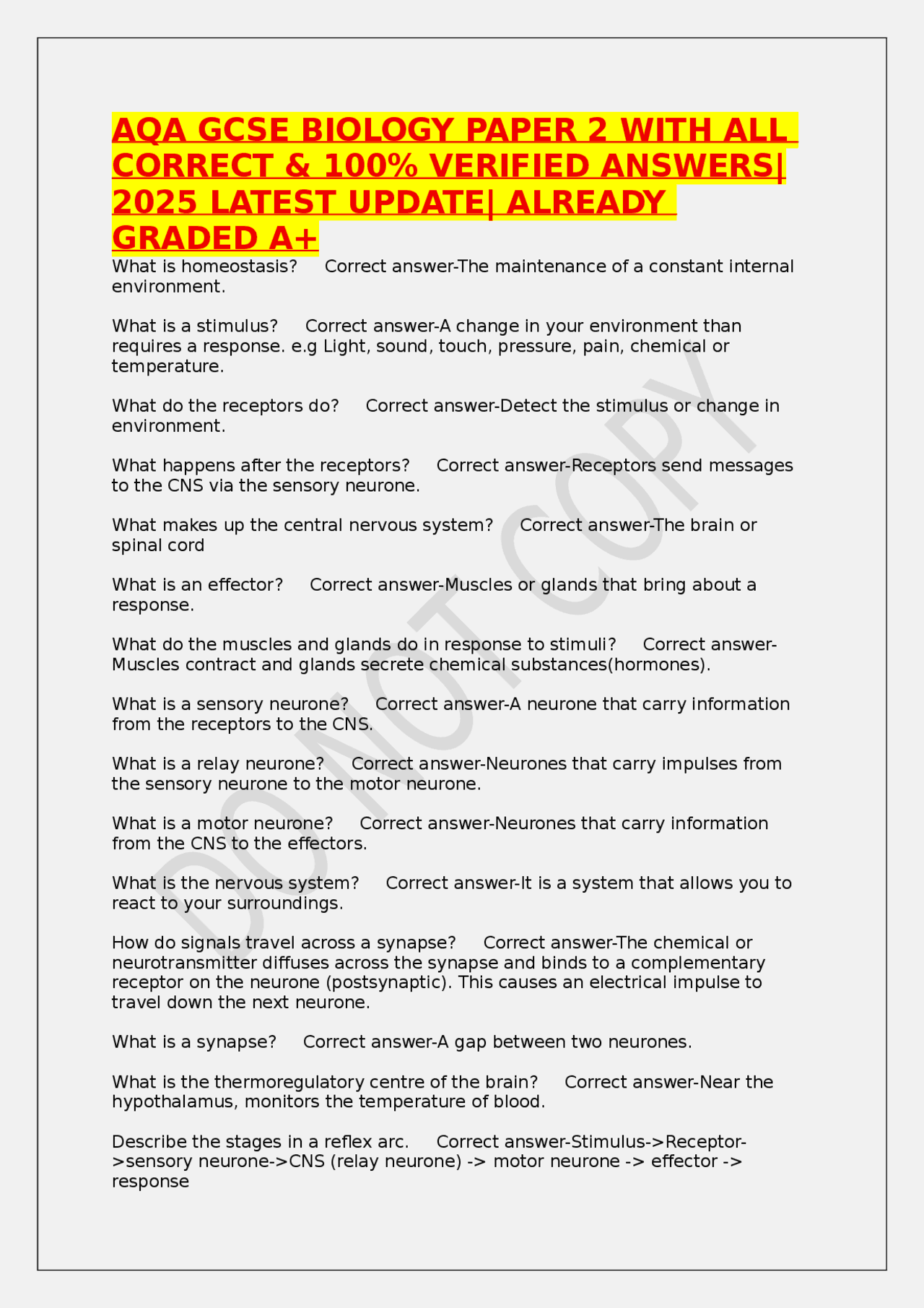 AQA GCSE BIOLOGY PAPER WITH ALL CORRECT & % VERIFIED ANSWERS| LATEST ...