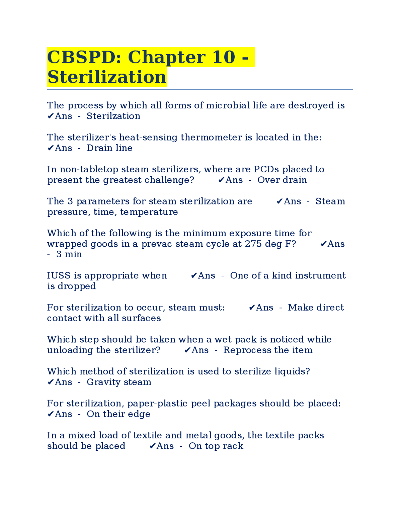 CBSPD: Chapter - Sterilization | Exams Public Health | Docsity