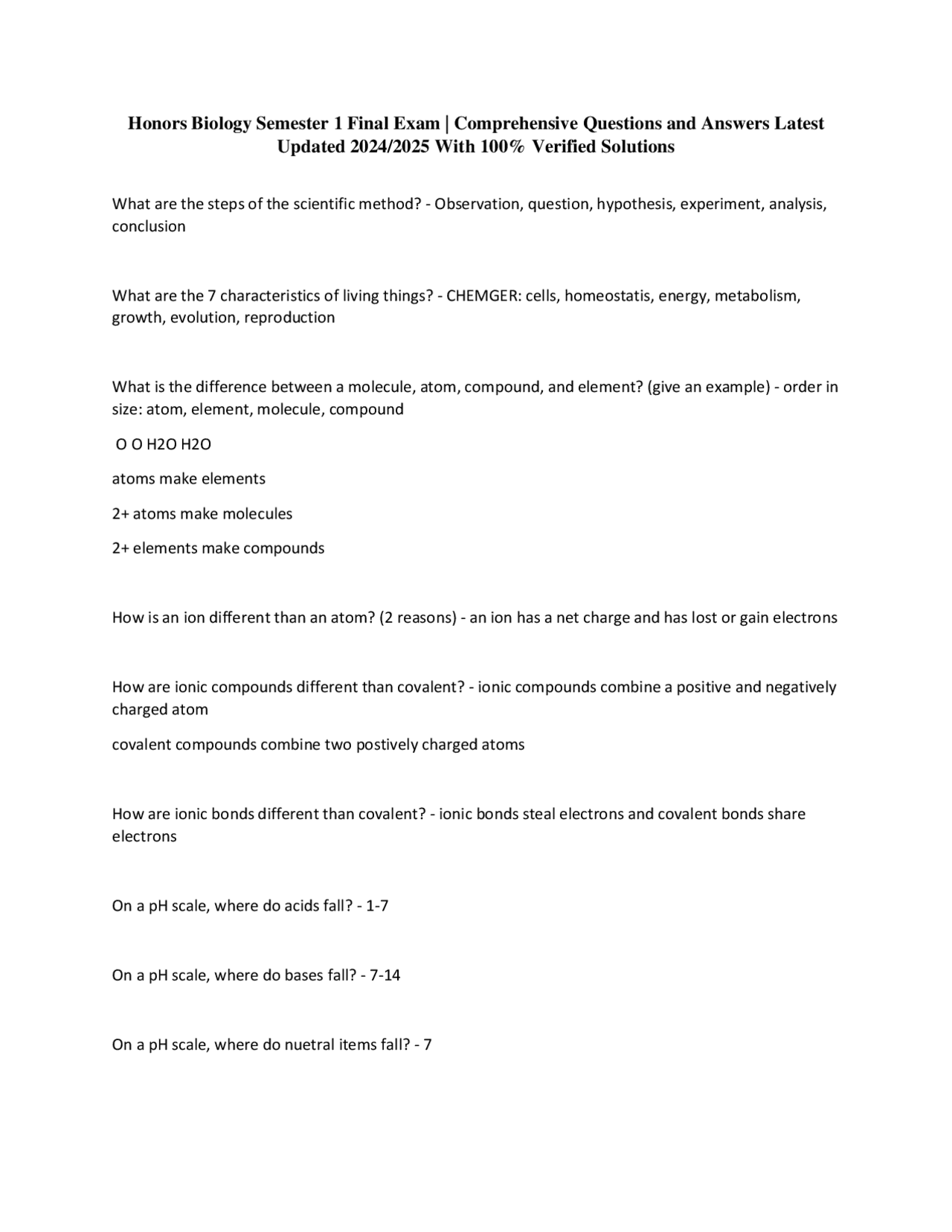 Honors Biology Semester 1 Final Exam: Comprehensive Q&A | Exams Nursing ...