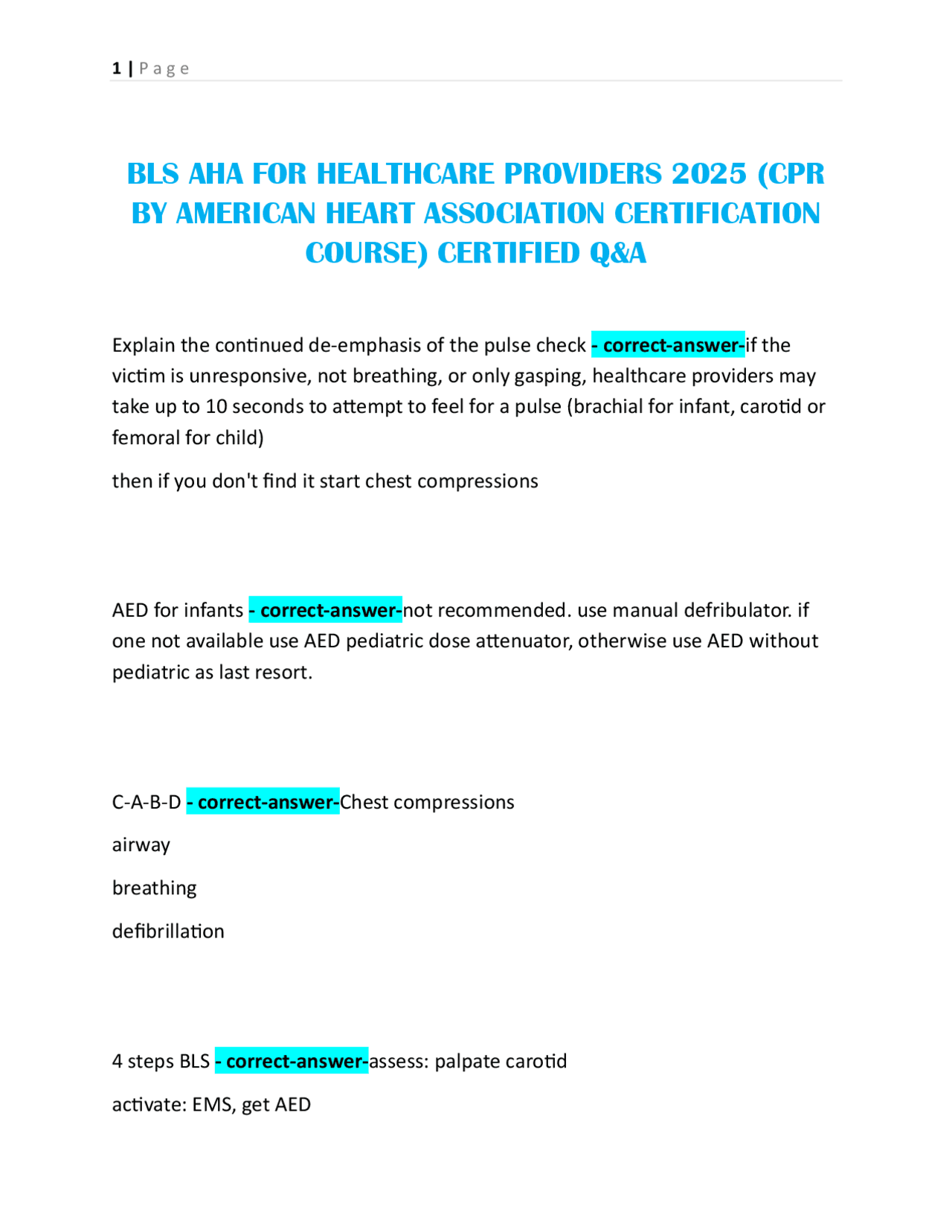 BLS AHA FOR HEALTHCARE PROVIDERS (CPR BY AMERICAN HEART ASSOCIATION ...