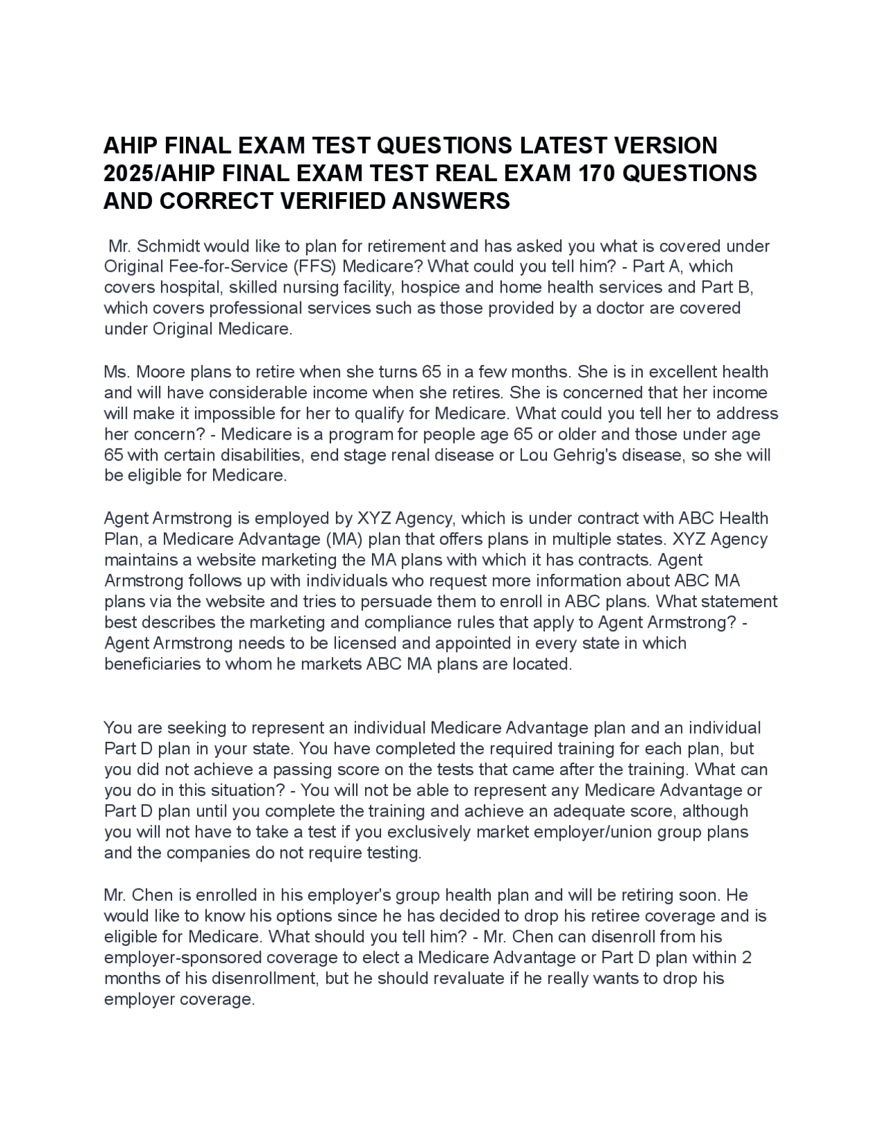 AHIP FINAL EXAM TEST QUESTIONS LATEST VERSION /AHIP FINAL EXAM TEST ...
