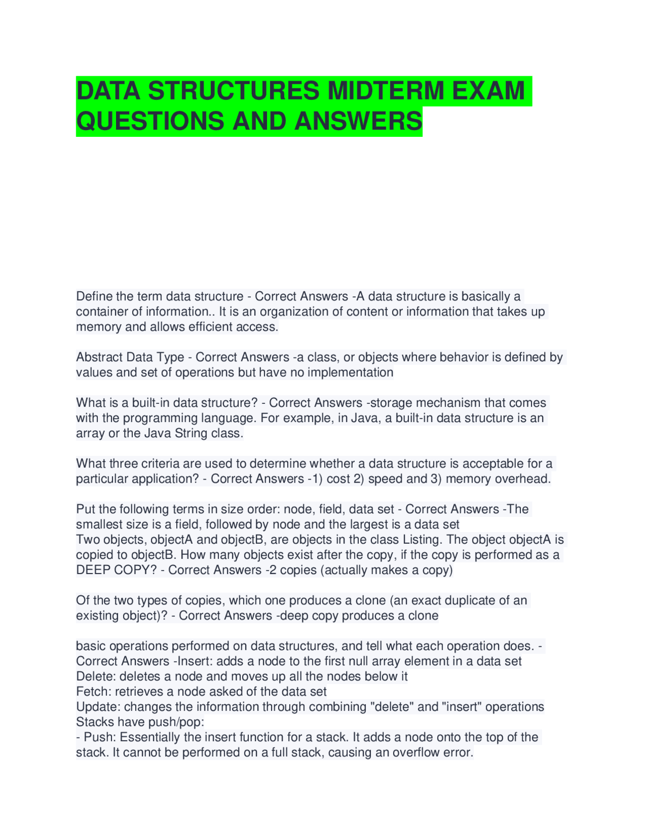 Data Structures Midterm Exam Questions and Answers | Exams Advanced ...