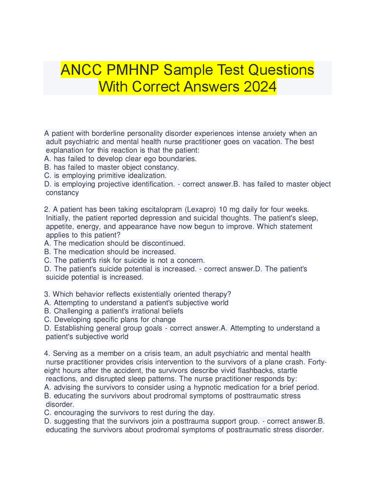 ANCC PMHNP Exam Sample Questions with Answers 2024 | Exams Nursing ...