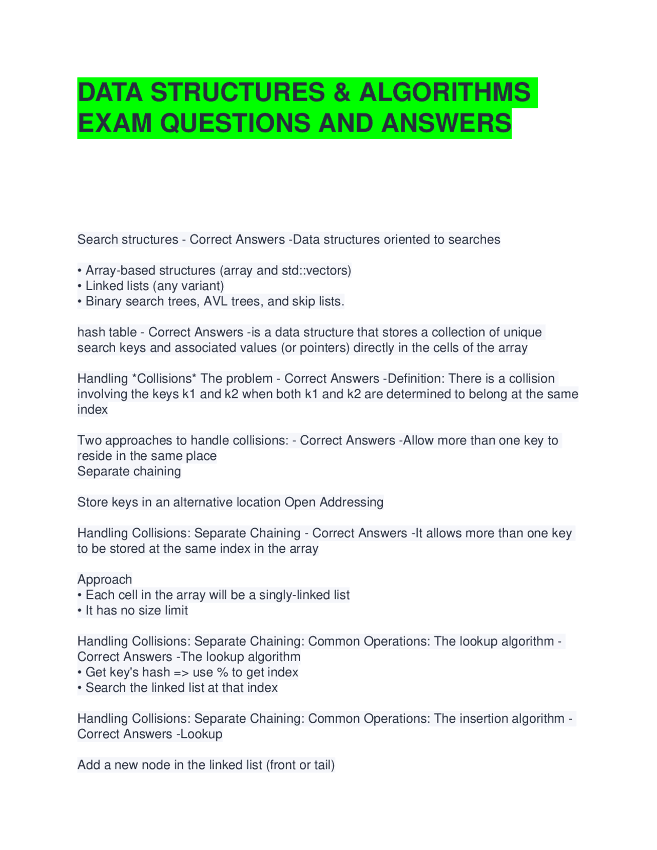 Algorithms Exam DATA STRUCTURES & ALGORITHMS EXAM QUESTIONS AND ANSWERS | Exams ...