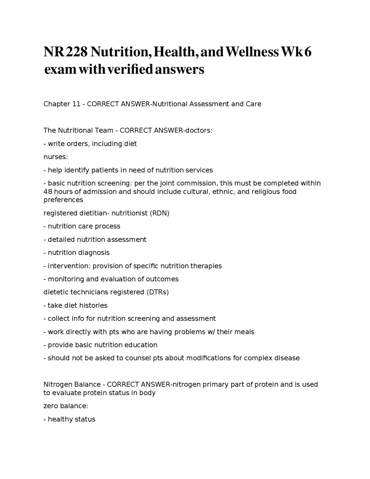 NR 228 Nutrition, Health, and Wellness Wk 6 exam with verified answers ...