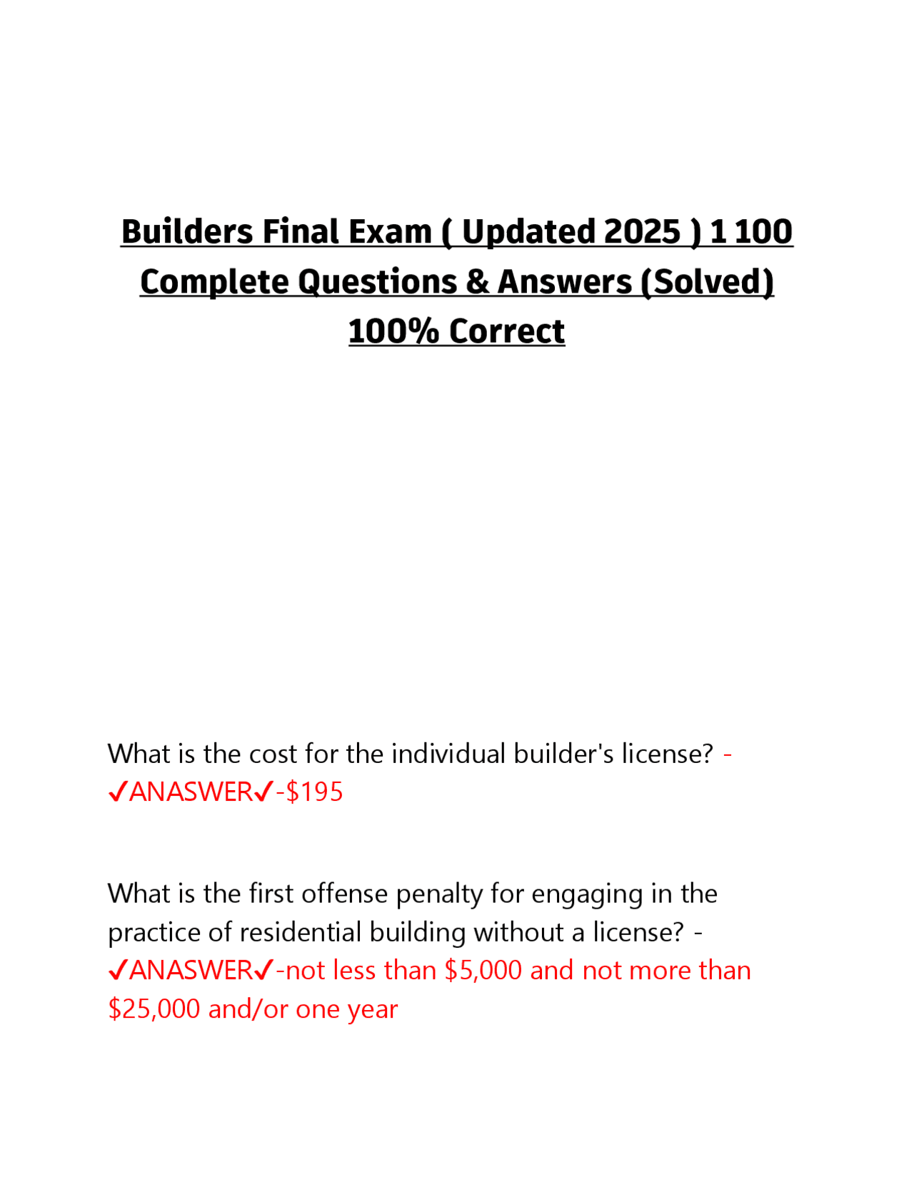 Builders Final Exam ( Updated 2025 ) 1 100 Complete Questions & Answers ...