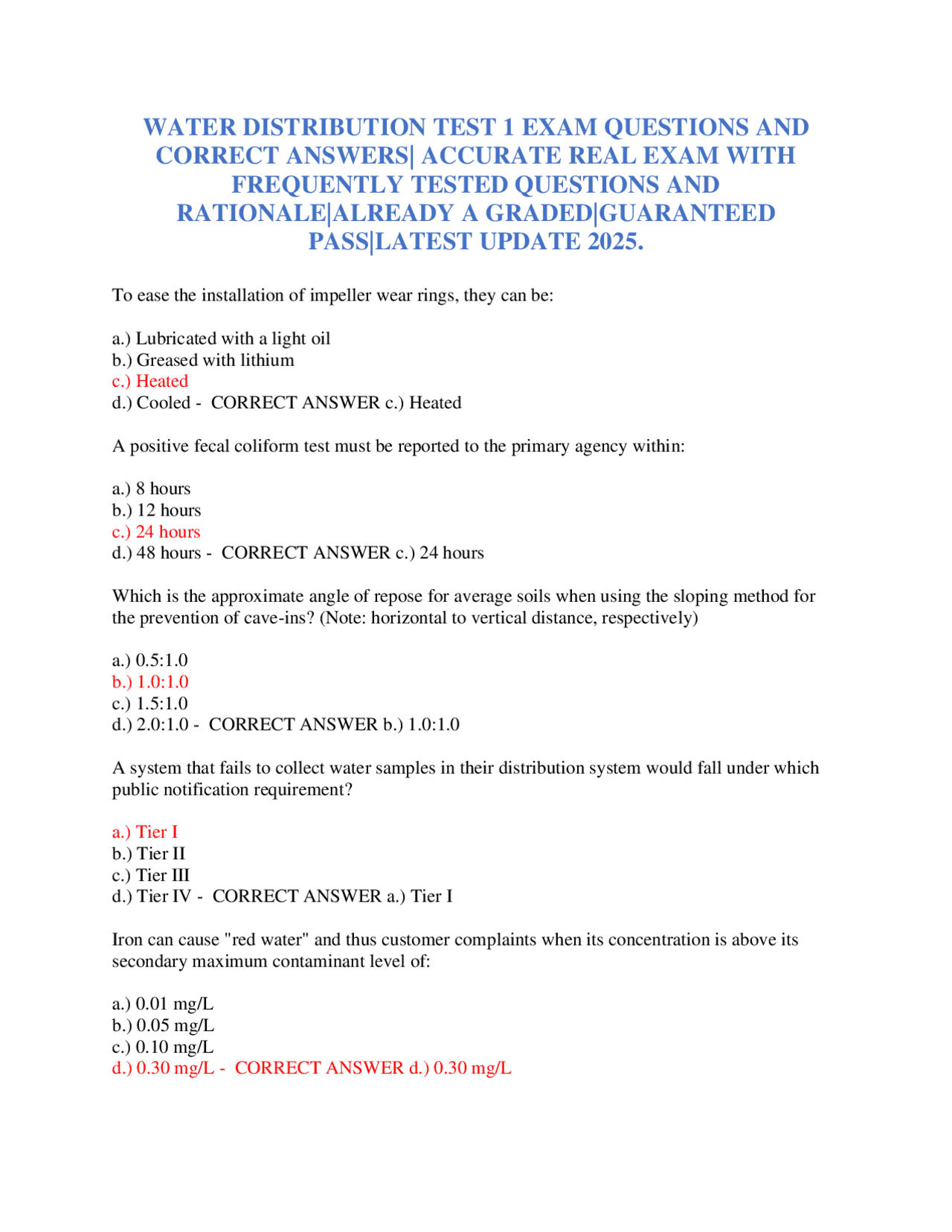 WATER DISTRIBUTION TEST 1 EXAM QUESTIONS AND CORRECT ANSWERS| ACCURATE ...