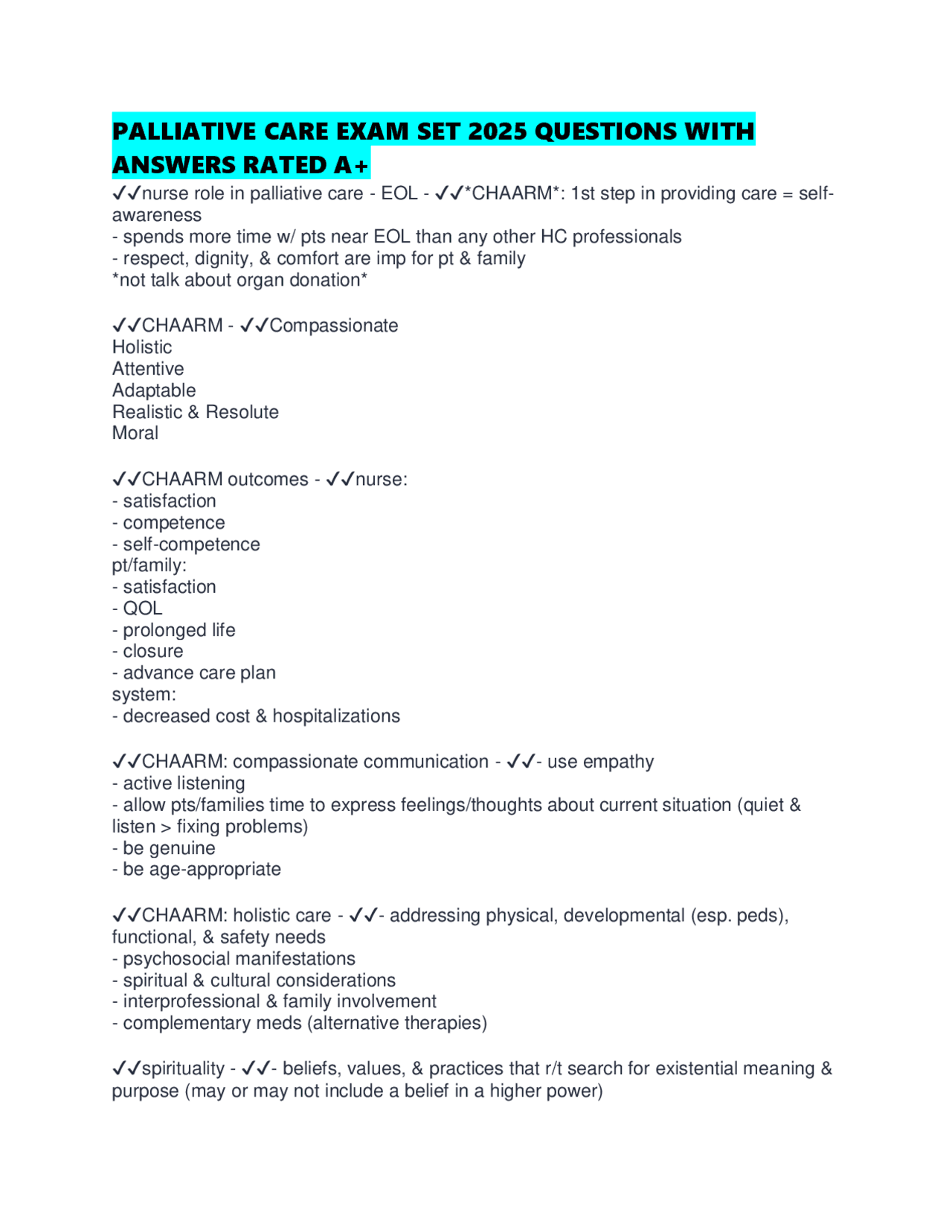 PALLIATIVE CARE EXAM SET 2025 QUESTIONS WITH ANSWERS RATED A+ | Exams Nursing | Docsity