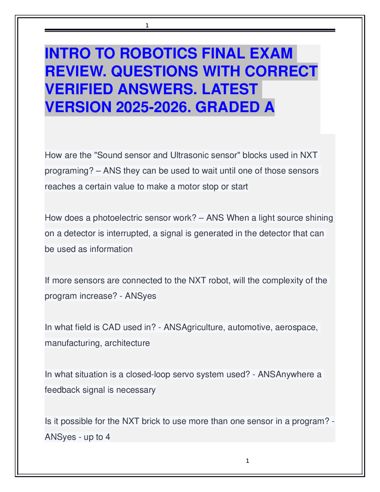 Robotics Final Exam Review: Questions and Answers | Exams Robotics and ...