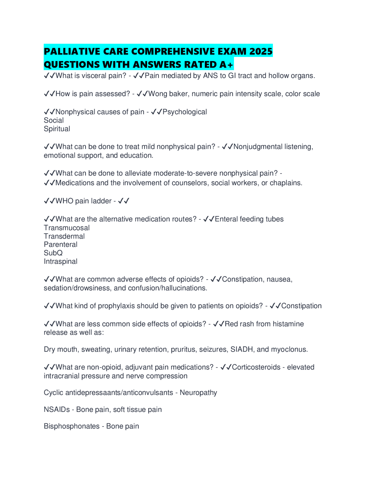 PALLIATIVE CARE COMPREHENSIVE EXAM 2025 QUESTIONS WITH ANSWERS RATED A+ | Exams Nursing | Docsity