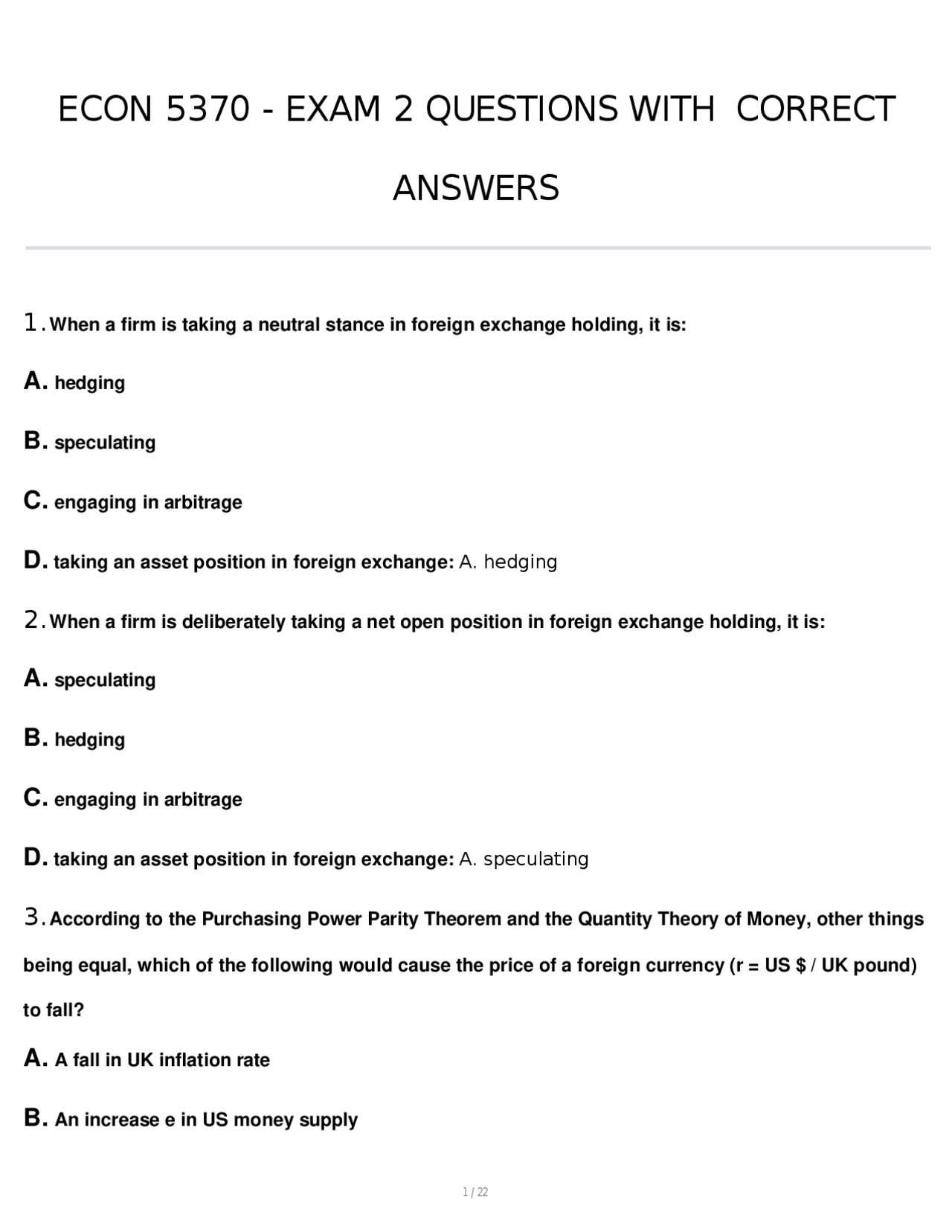 Economics Exam 2 Questions and Answers | Exams Economics | Docsity