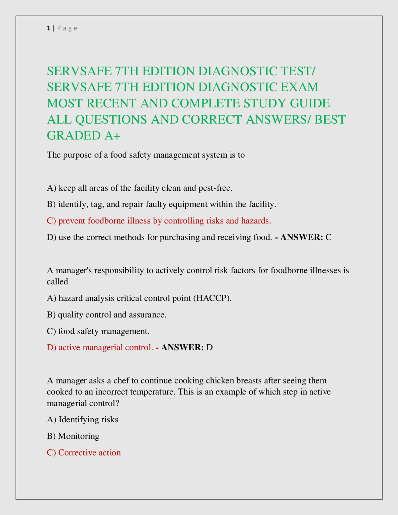 ServSafe 7th Edition Diagnostic Test: Food Safety Study Guide | Exams ...