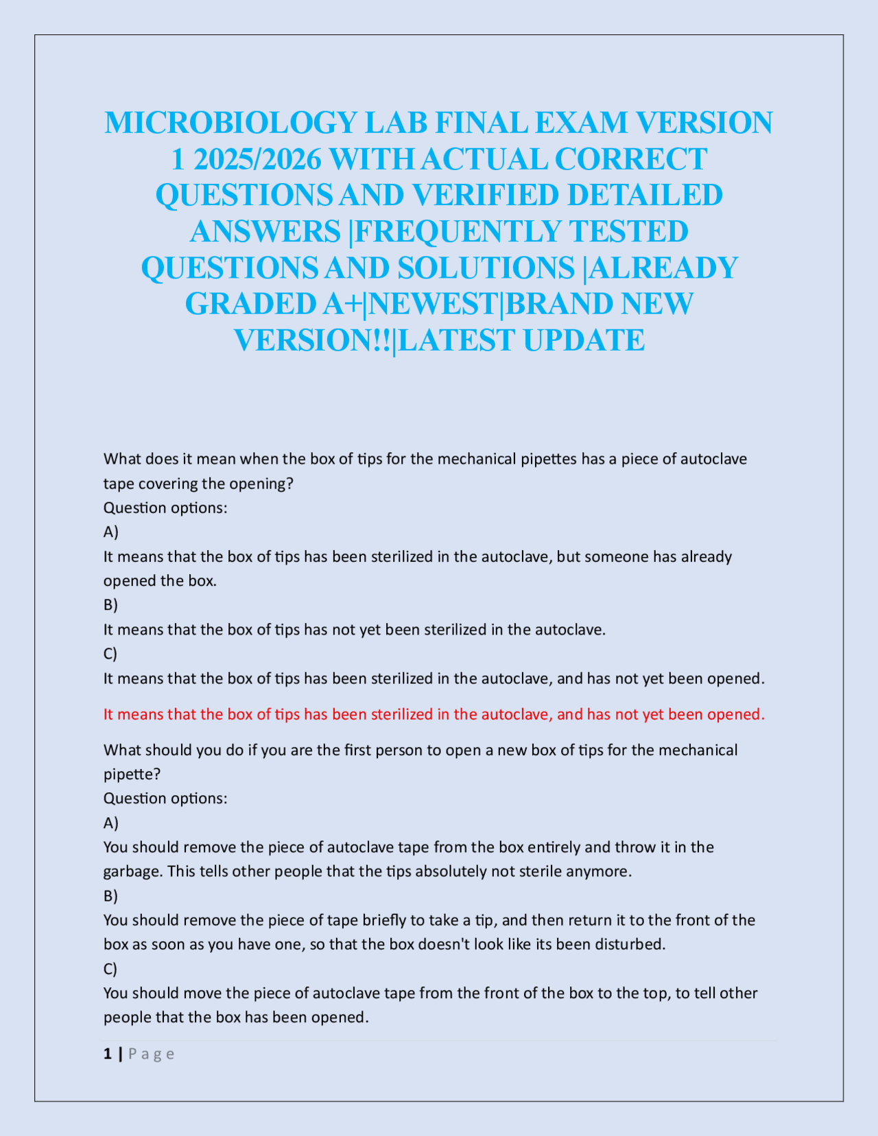 MICROBIOLOGY LAB FINAL EXAM VERSION 1 2025/2026 | Exams Microbiology ...