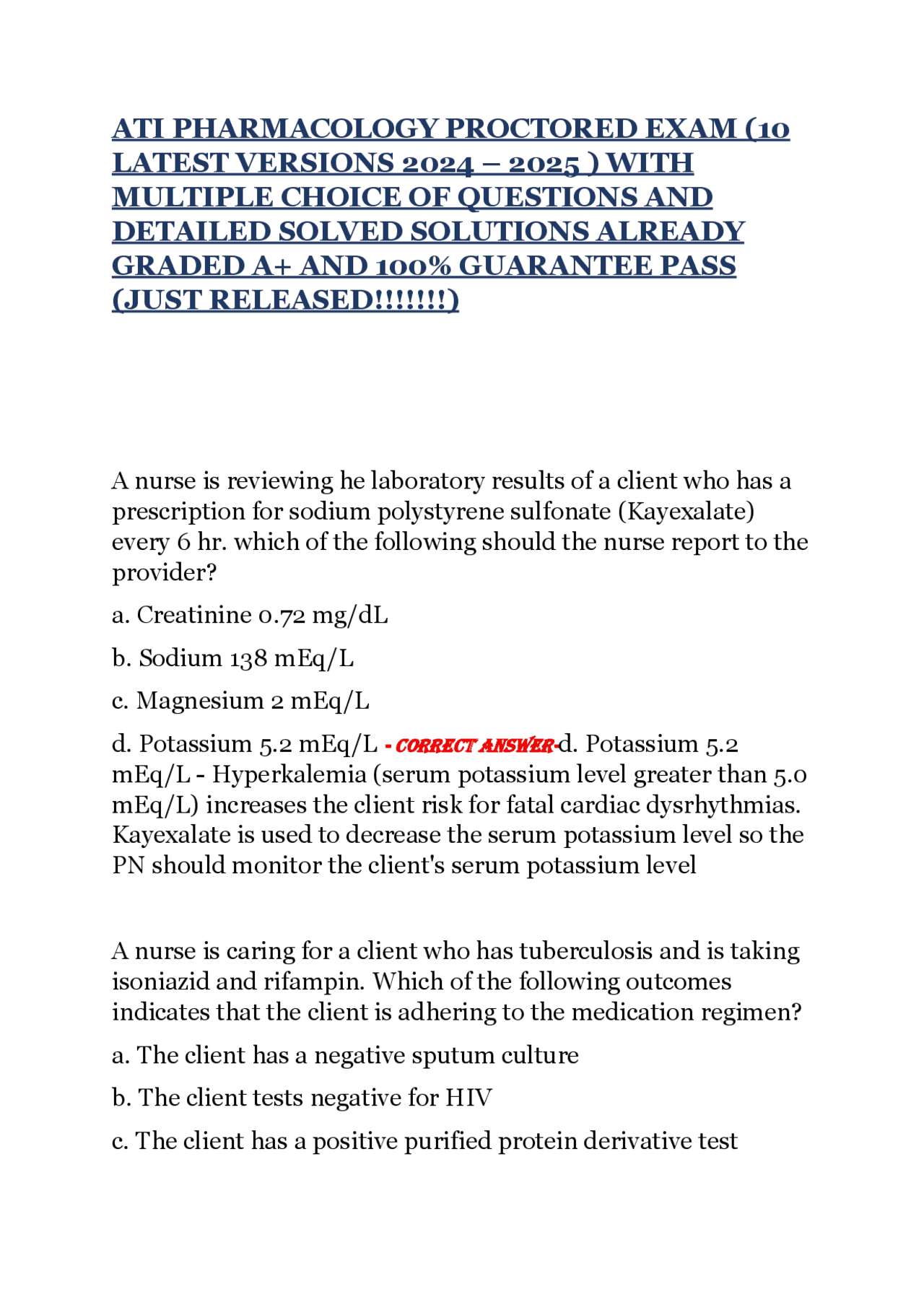 ATI PHARMACOLOGY PROCTORED EXAM (10 LATEST VERSIONS 2024 – 2025 ) WITH ...