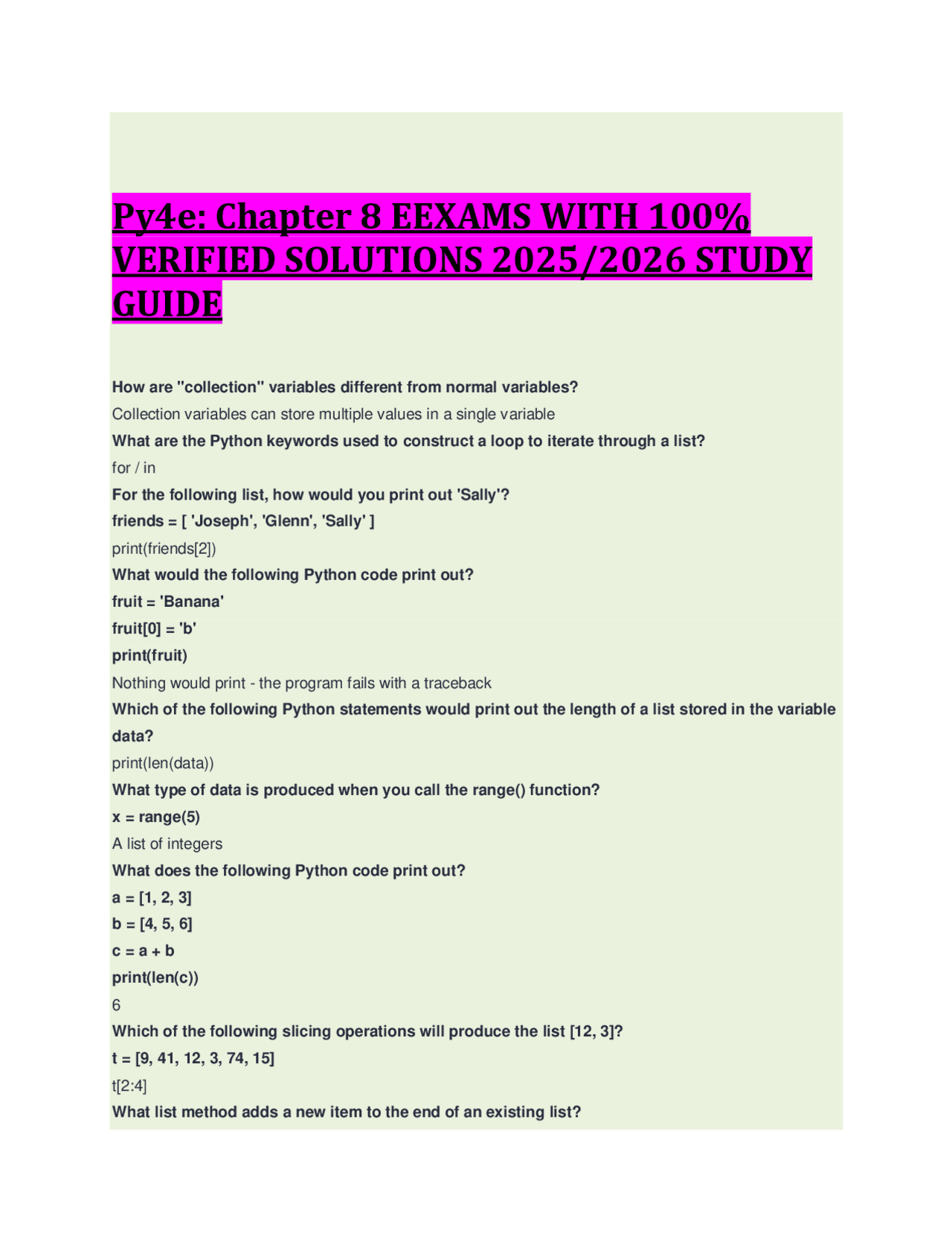 Py4e Book Py4e: Chapter 8 EEXAMS WITH 100% VERIFIED SOLUTIONS 2025/2026 STUDY ...