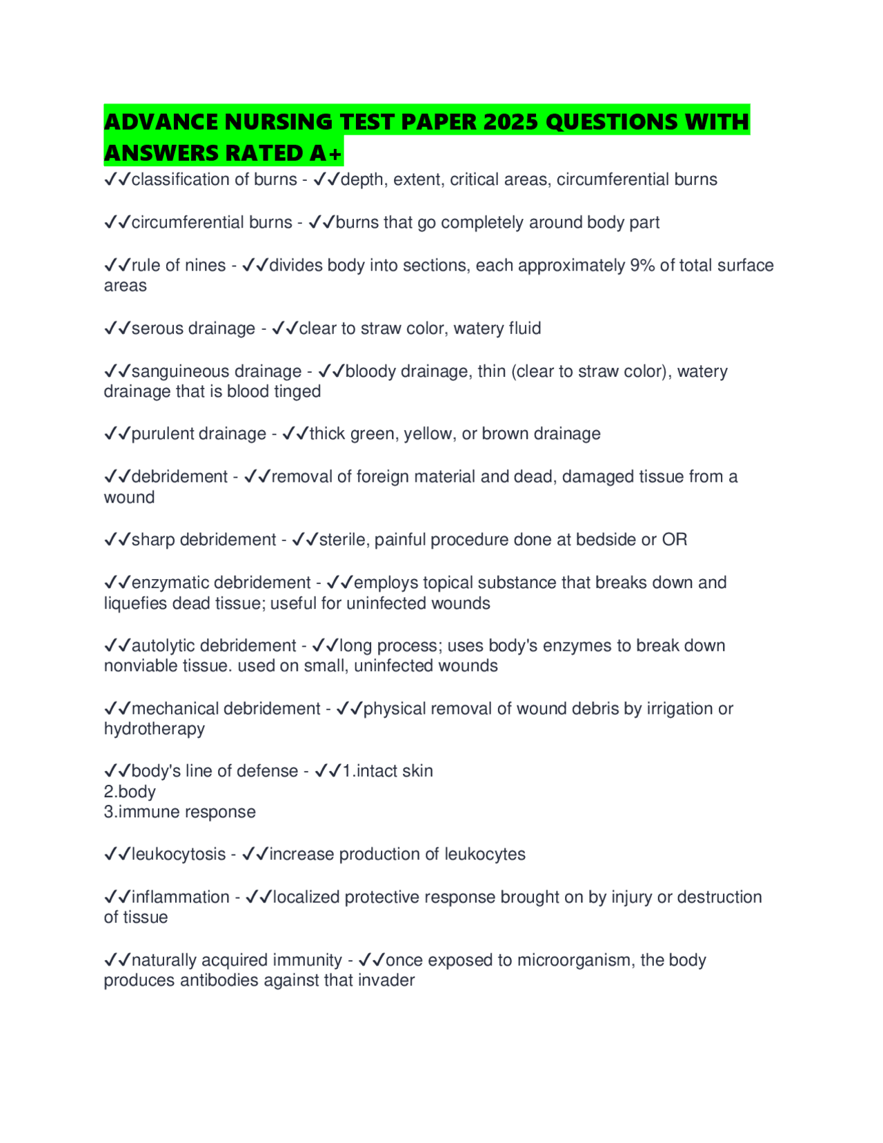 ADVANCE NURSING TEST PAPER 2025 QUESTIONS WITH ANSWERS RATED A+ | Exams ...