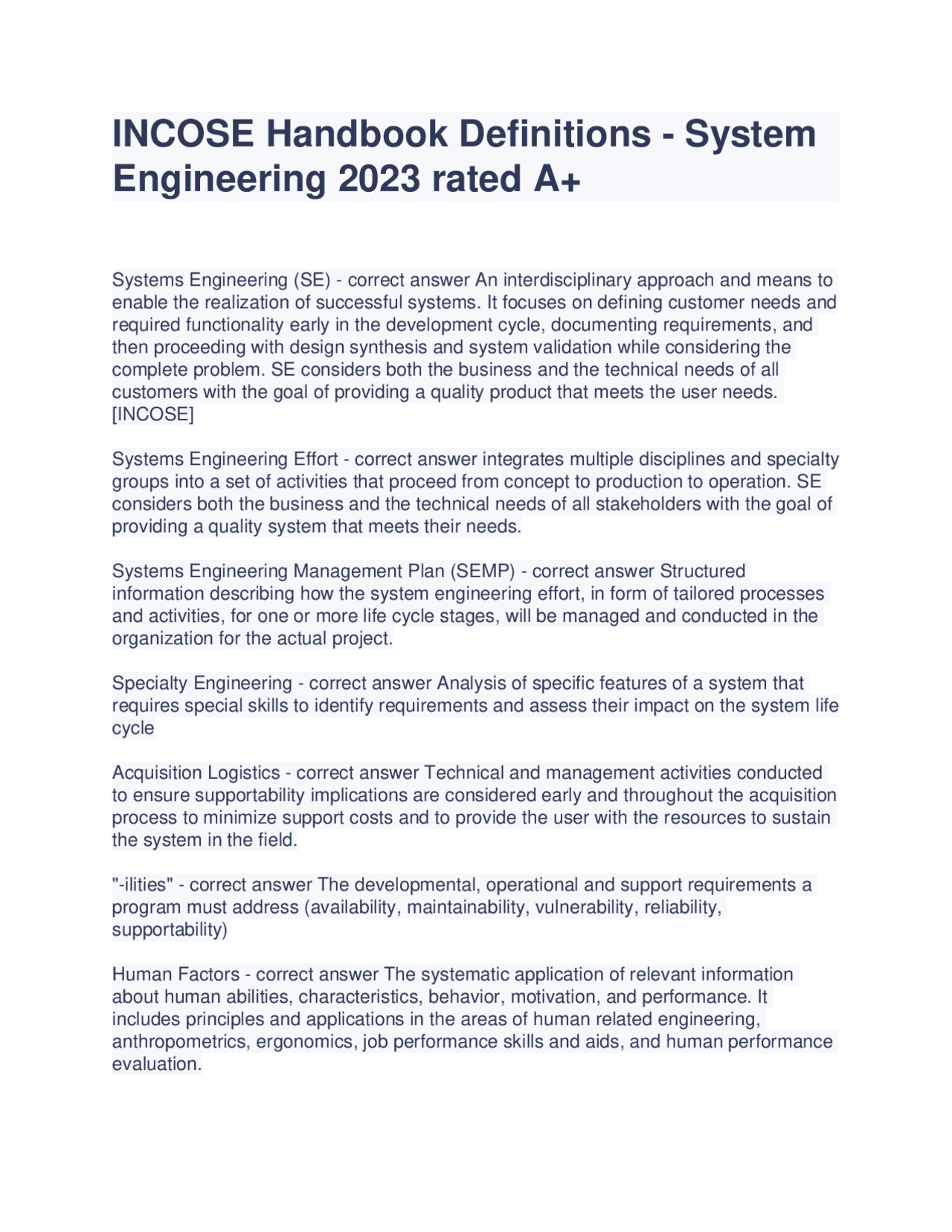 Incose Handbook.pdf INCOSE Handbook Definitions - System Engineering 2023 rated A+ | Exams ...