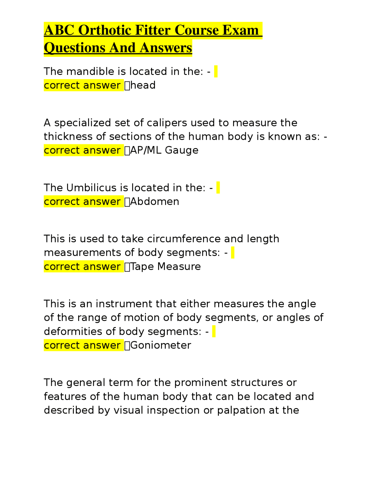 ABC Orthotic Fitter Course Exam Questions And Answers | Exams ...