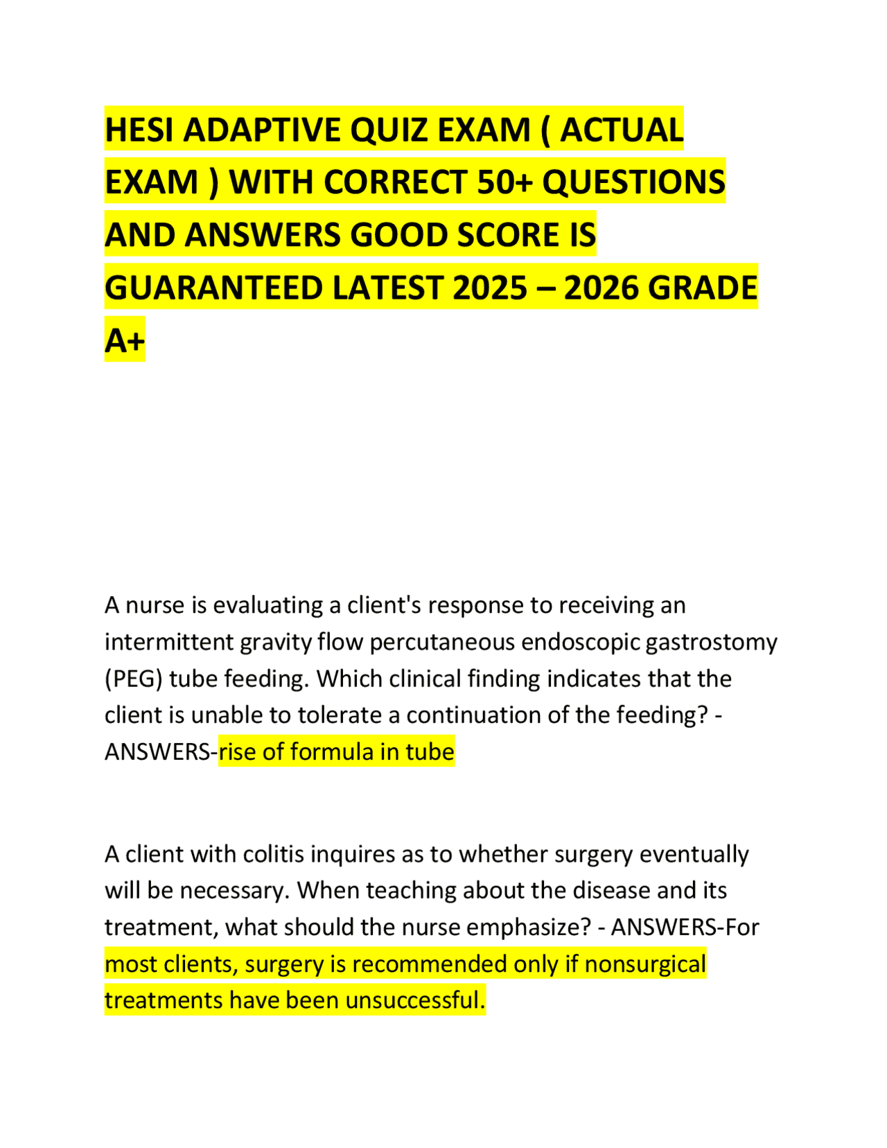 HESI ADAPTIVE QUIZ EXAM ( ACTUAL EXAM ) WITH CORRECT 50+ QUESTIONS AND ...