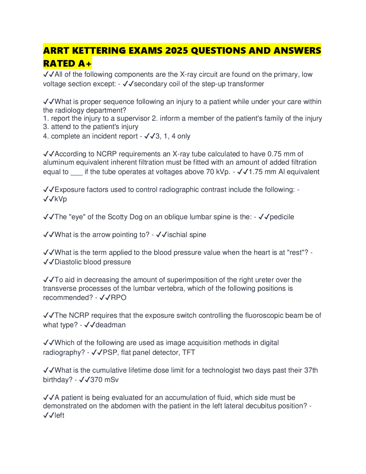 Rrt Kettering Study Guide Calendar.pdf ARRT KETTERING EXAMS 2025 QUESTIONS AND ANSWERS RATED A+ | Exams ...