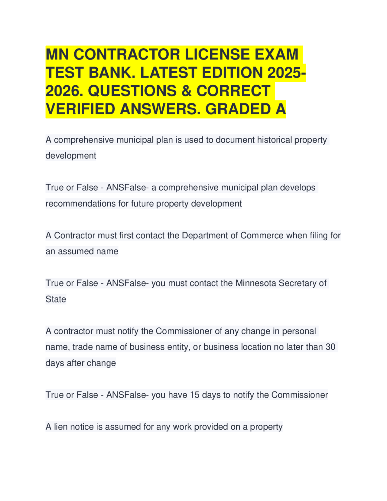 MN CONTRACTOR LICENSE EXAM TEST BANK. LATEST 2025-2026. QUESTIONS & ANSWERS. GRADED A | Exams ...