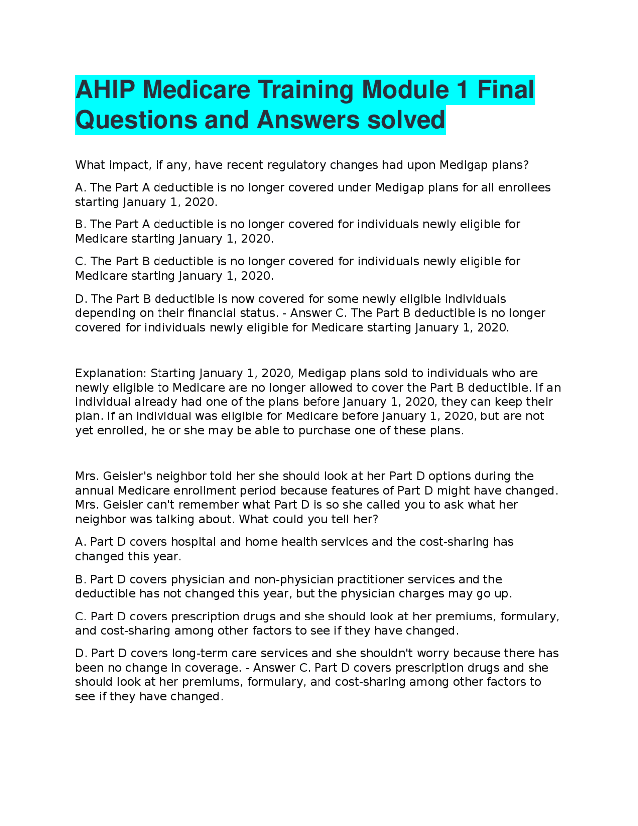 AHIP Medicare Training Module 1 Final Questions and Answers solved ...