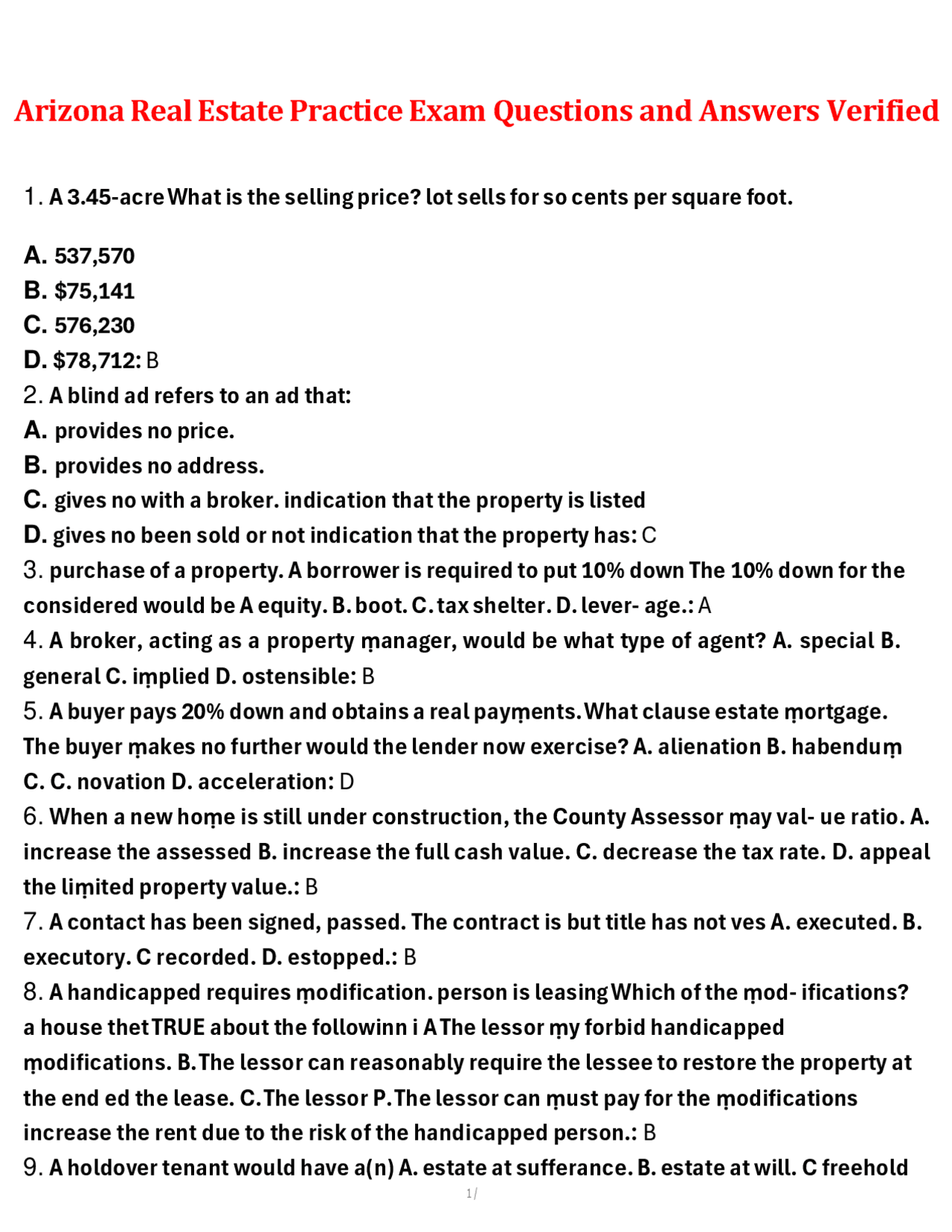 Arizona Real Estate Practice Exam Verified Questions and Answers 2025