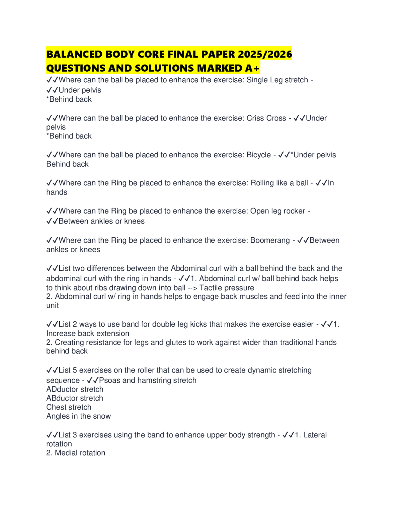 BALANCED BODY CORE EXAMS 2025/2026 QUESTIONS AND SOLUTIONS MARKED A+ ...