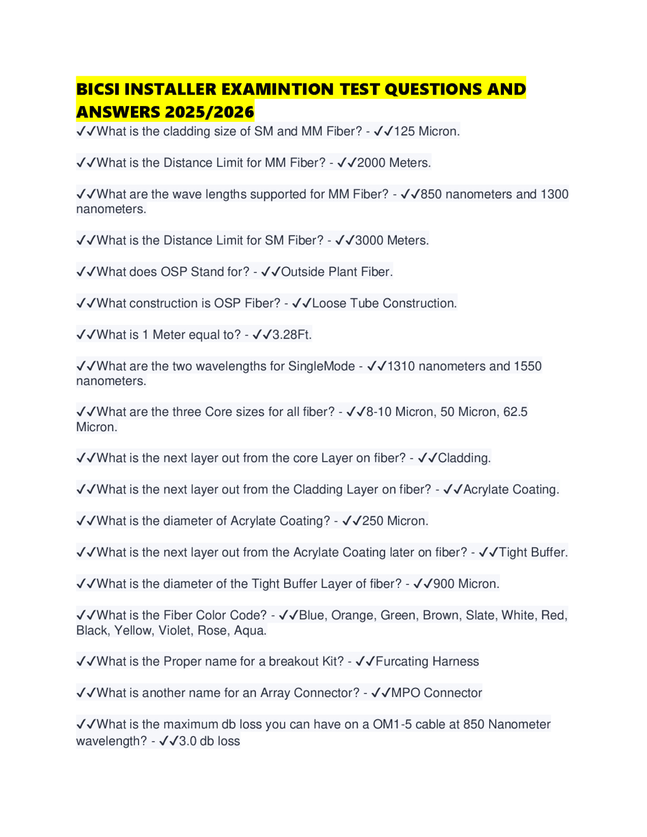 BICSI INSTALLER EXAMINTION TEST QUESTIONS AND ANSWERS 2025/2026 | Exams ...