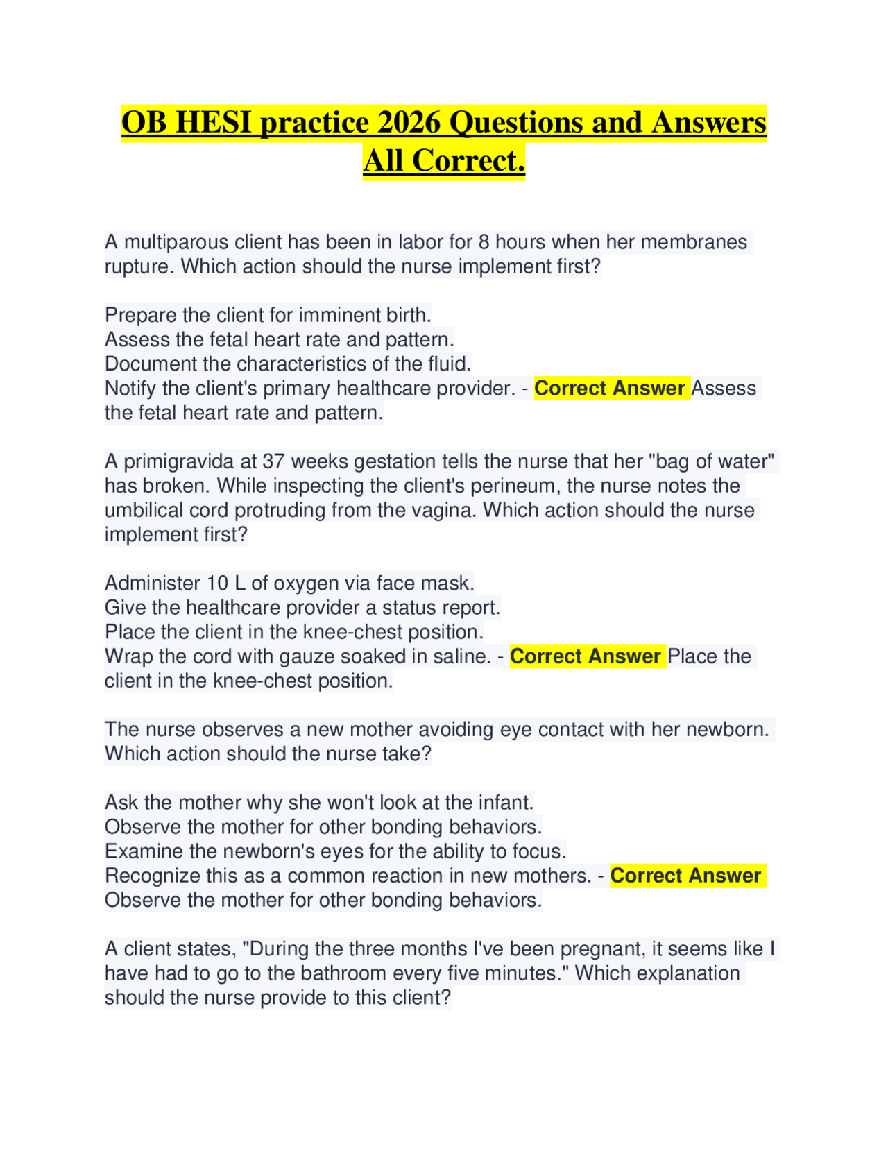 OB HESI practice 2026 Questions and Answers All Correct. | Exams ...