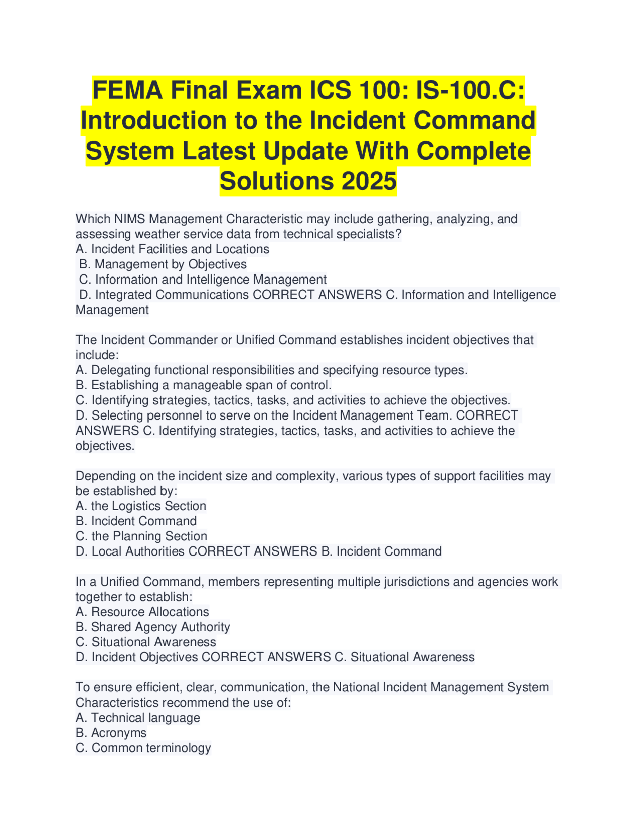 FEMA ICS 100 Final Exam: Incident Command System Practice Questions ...