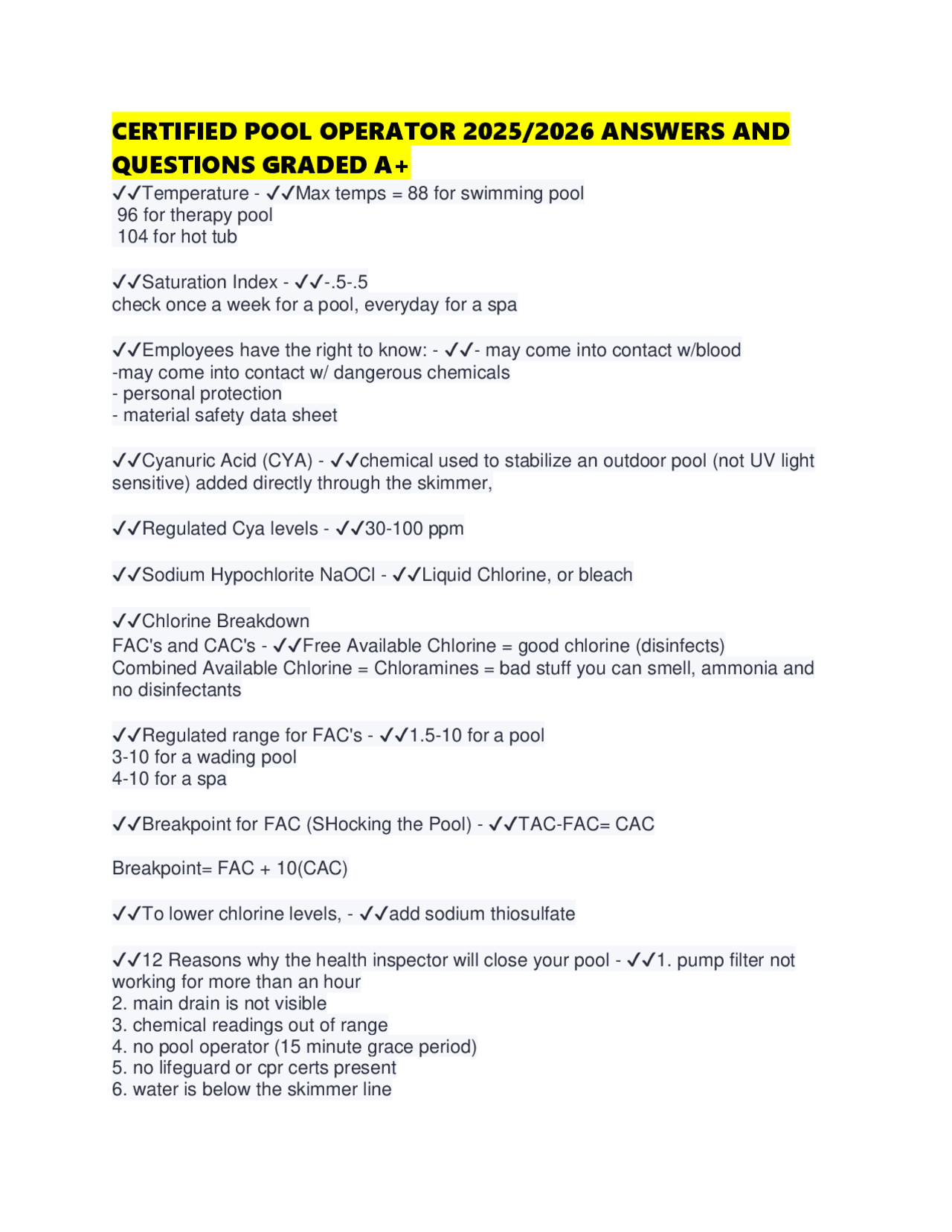 CERTIFIED POOL OPERATOR 2025/2026 ANSWERS AND QUESTIONS GRADED A+ ...