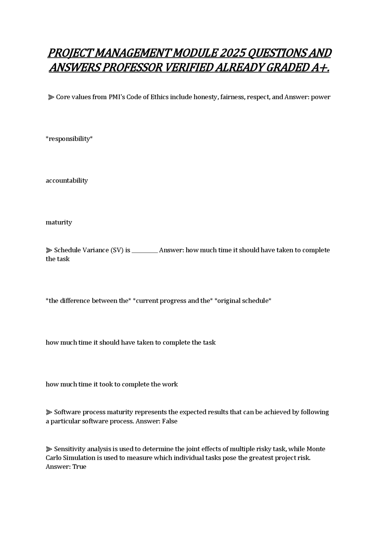 PROJECT MANAGEMENT MODULE 2025 QUESTIONS AND ANSWERS PROFESSOR VERIFIED ...