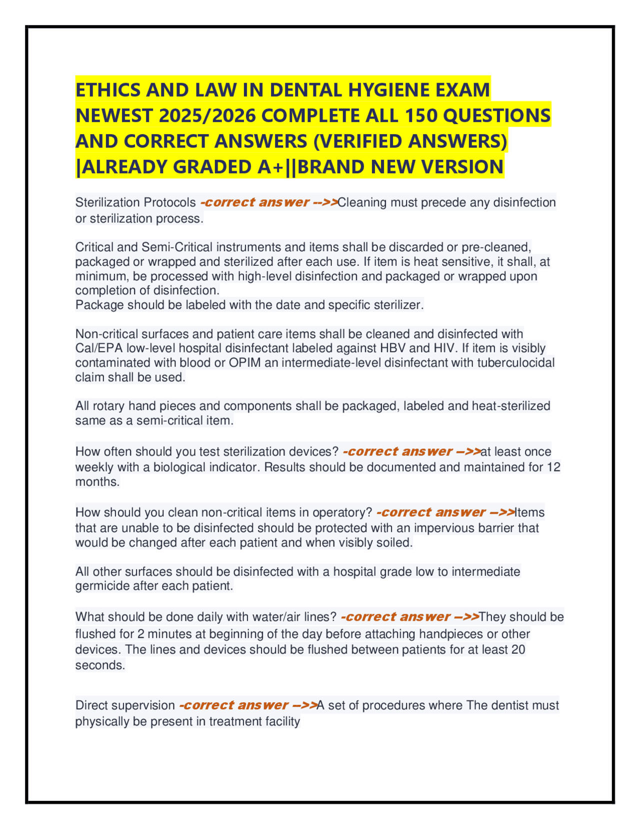 ETHICS AND LAW IN DENTAL HYGIENE EXAM NEWEST 2025/2026 COMPLETE ALL 150 ...