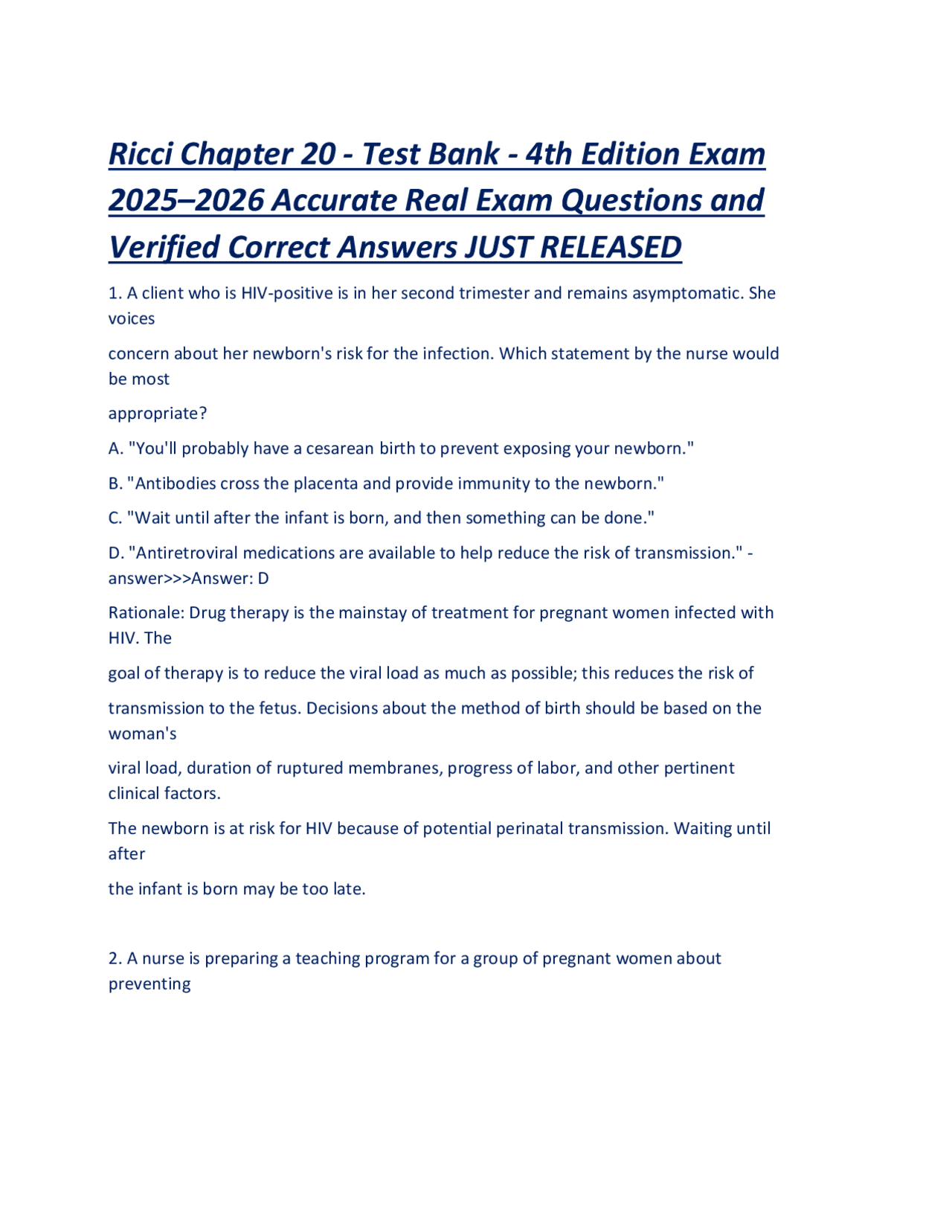 Maternity and Pediatric Nursing Ricci Chapter 20 - Test Bank - 4th ...