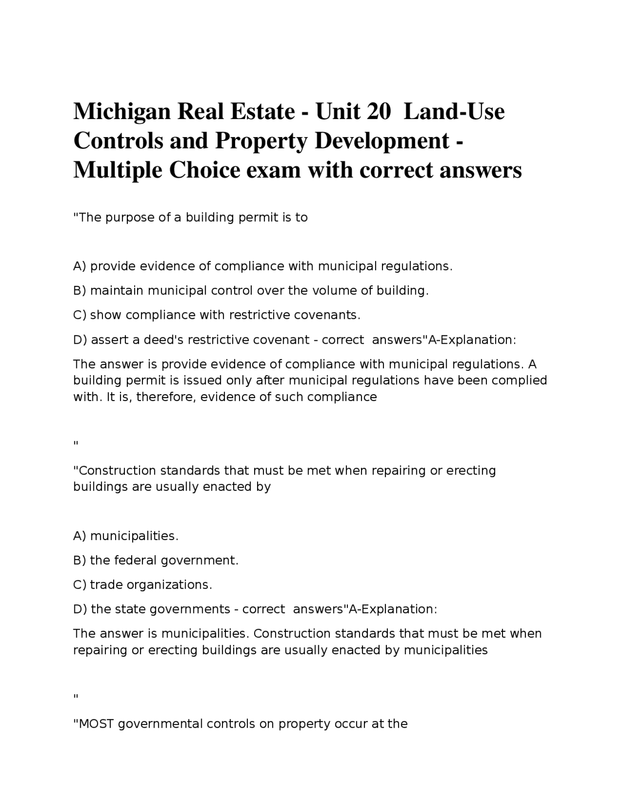 Michigan Real Estate Exam: Land-Use Controls and Property Development | Exams Nursing | Docsity