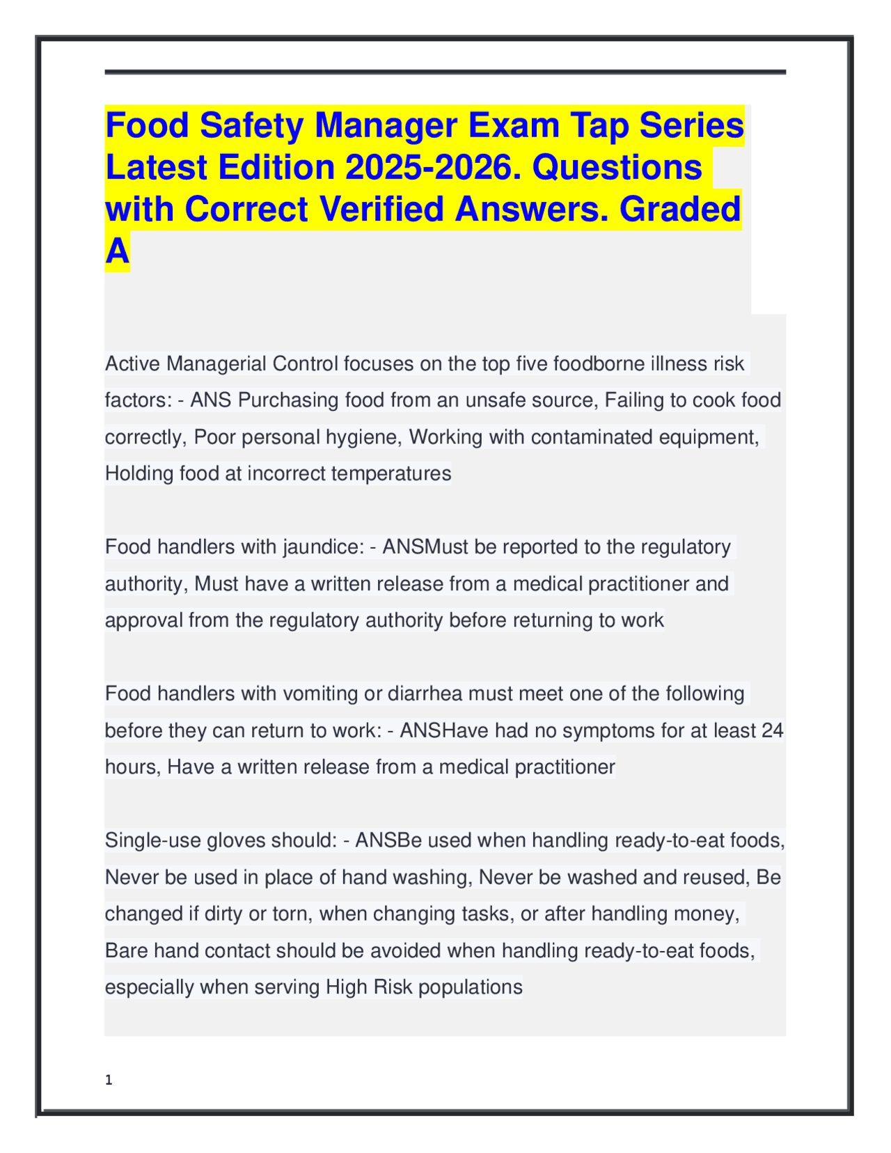 Food Safety Manager Exam Tap Series Latest Edition 2025-2026. Questions ...