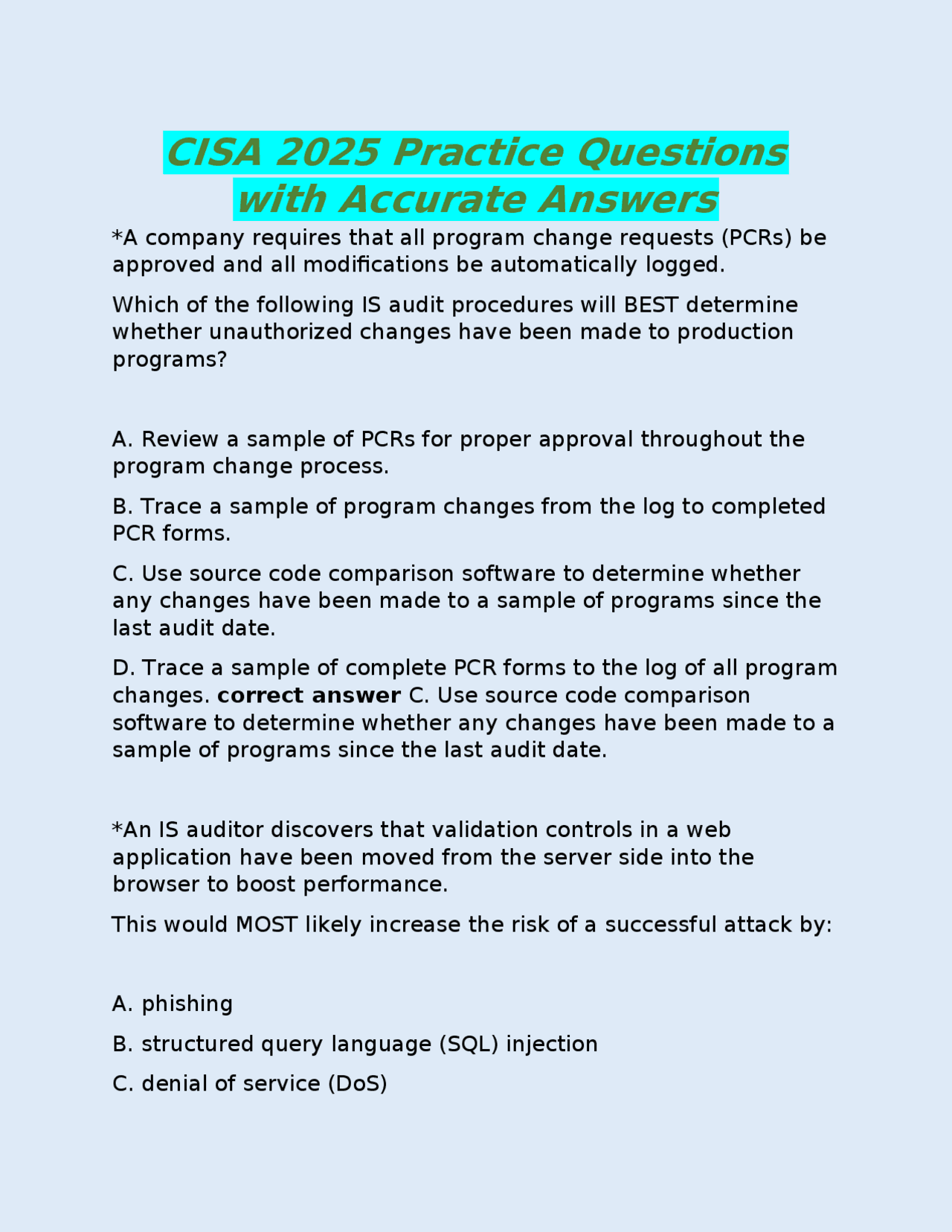 CISA 2025 Practice Questions with Accurate Answers | Exams