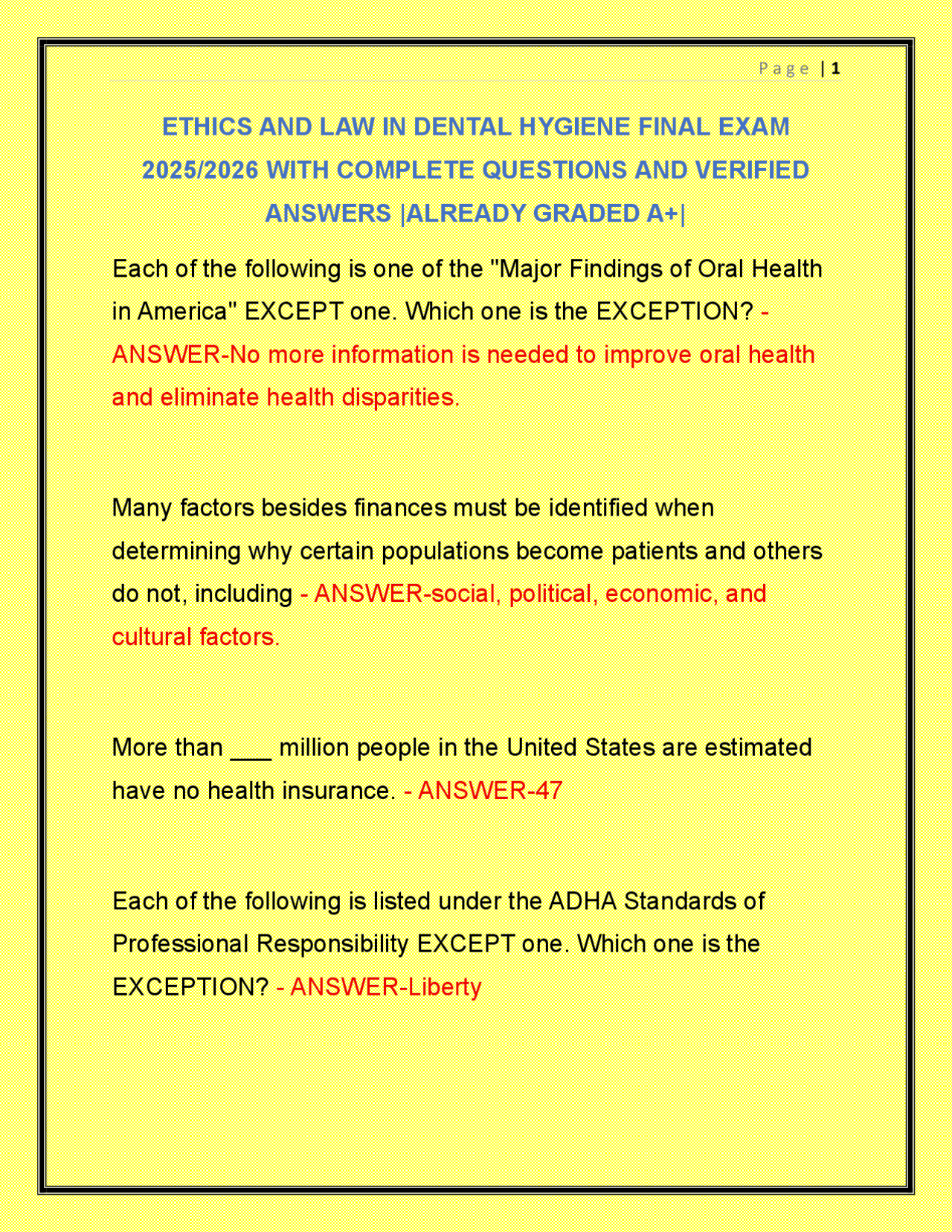 ETHICS AND LAW IN DENTAL HYGIENE FINAL EXAM 2025/2026 WITH COMPLETE ...