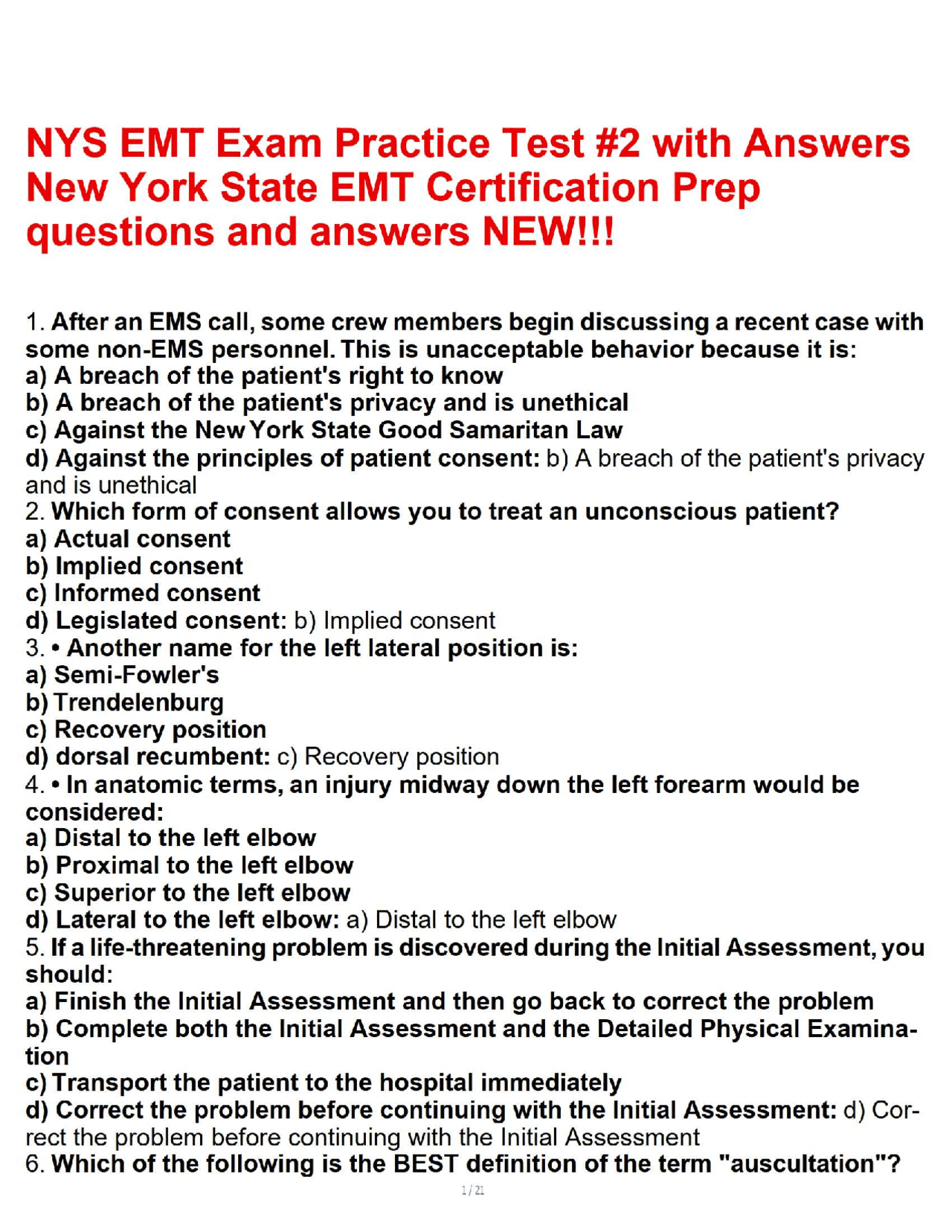 NYS EMT Exam Practice Test #2 with Answers New York State EMT Certification Prep questions ...