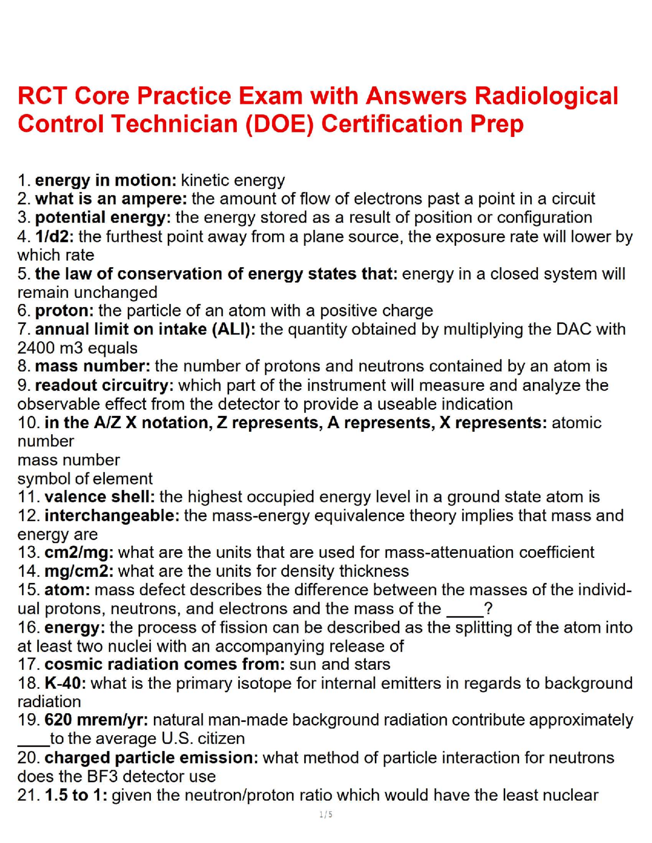 Doe Rct RCT Core Practice Exam with Answers Radiological Control Technician ...