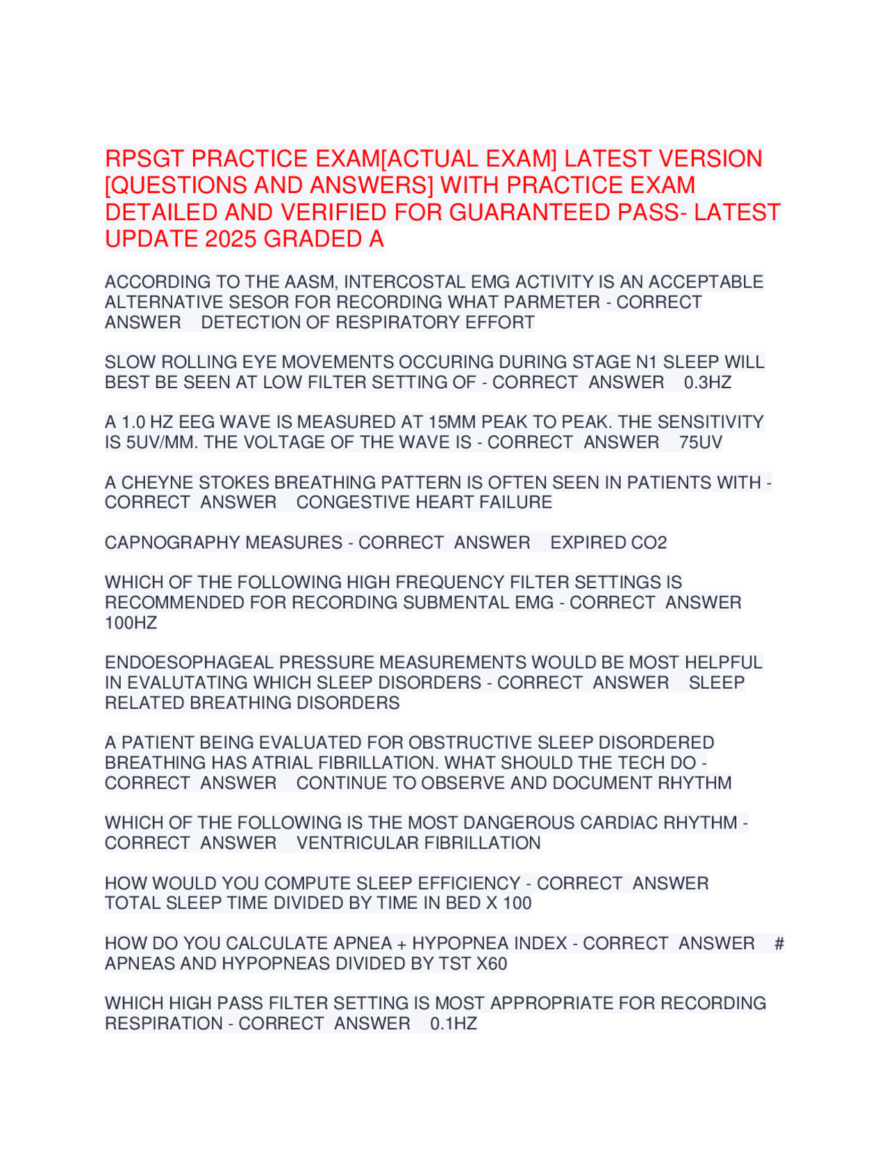 RPSGT PRACTICE EXAM[ACTUAL EXAM] LATEST VERSION [QUESTIONS AND ANSWERS ...