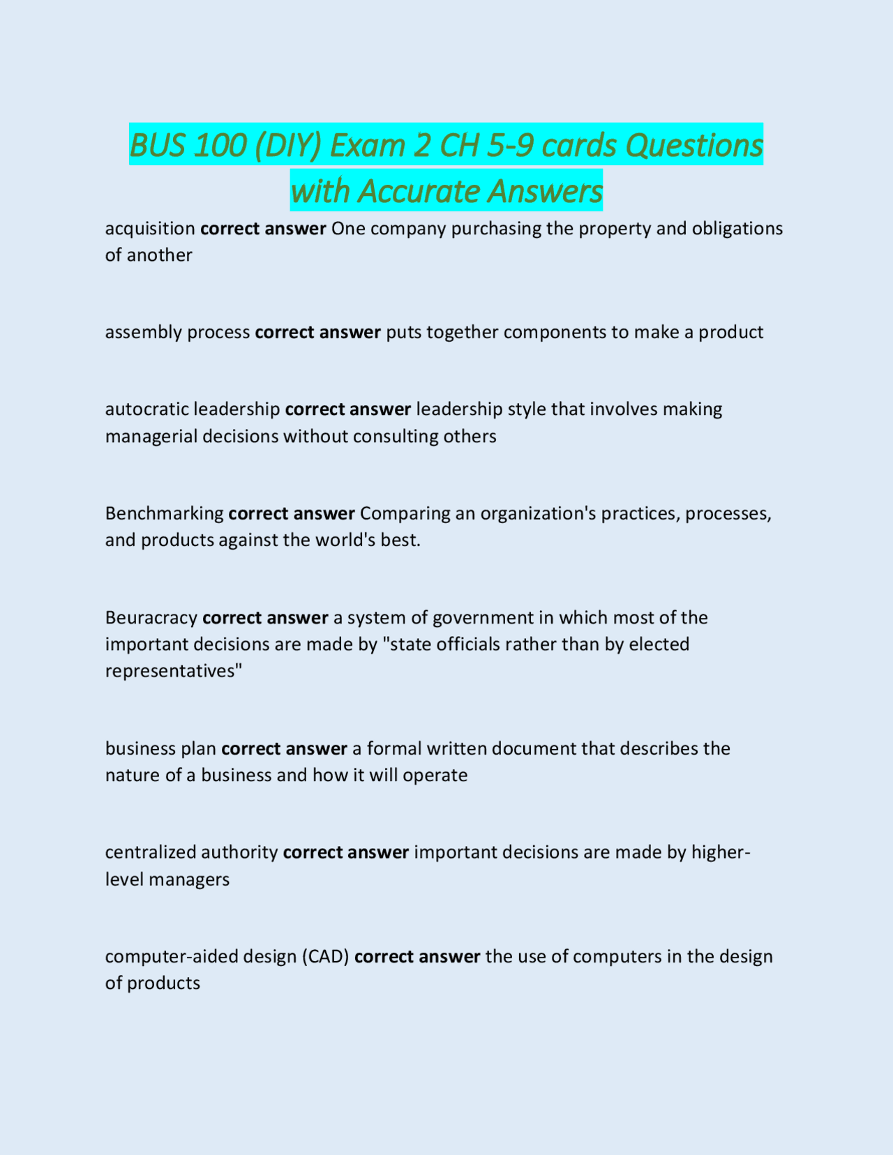 BUS 100 Exam 2 Study Cards: Key Business Concepts and Definitions ...