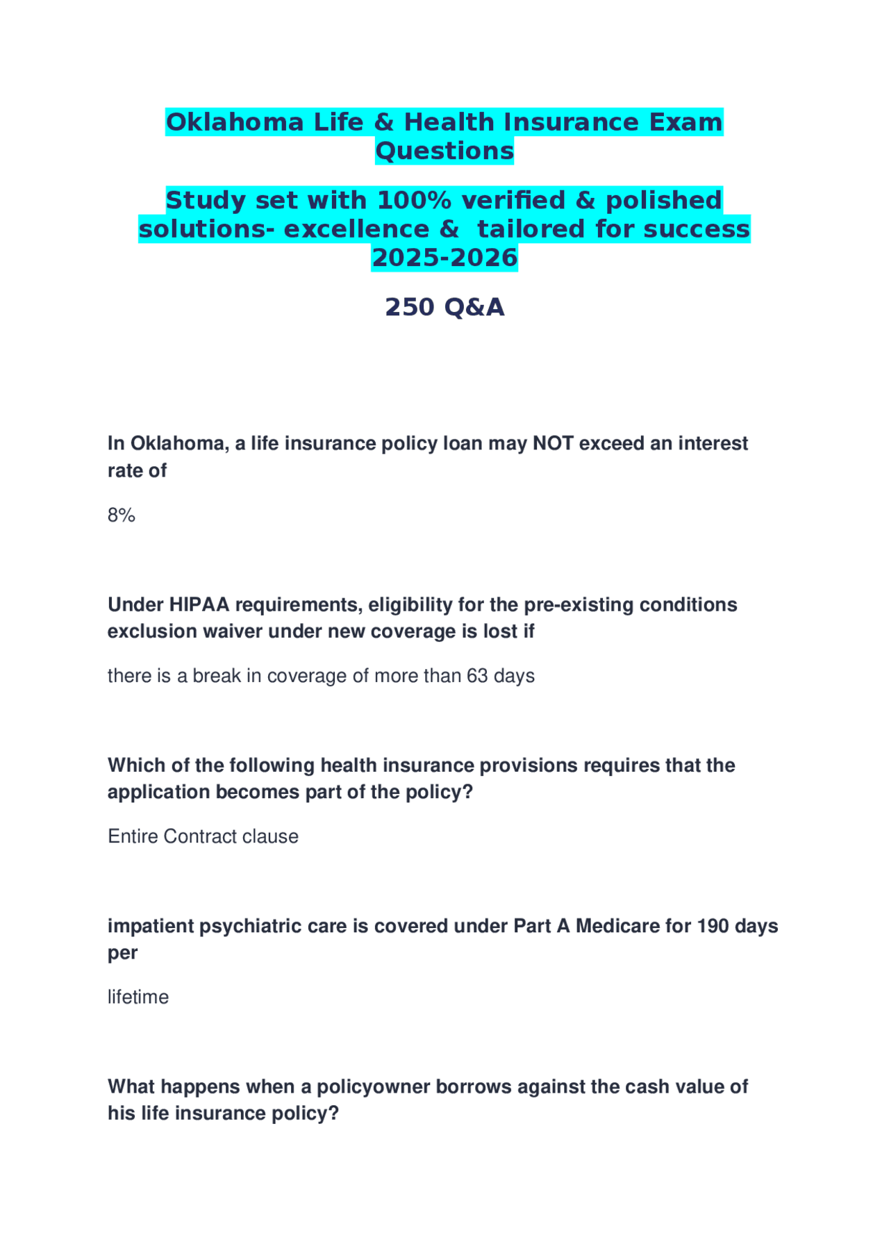 Oklahoma Life &amp; Health Insurance Exam Questions Study set with 100% verified &amp; polished s ...