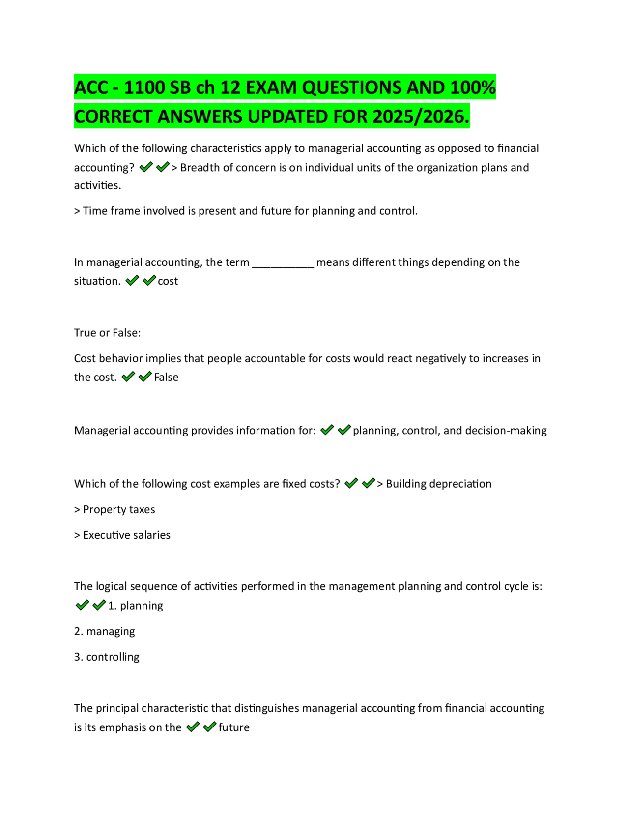 ACC - 1100 SB ch 12 EXAM QUESTIONS AND 100% CORRECT ANSWERS UPDATED FOR ...